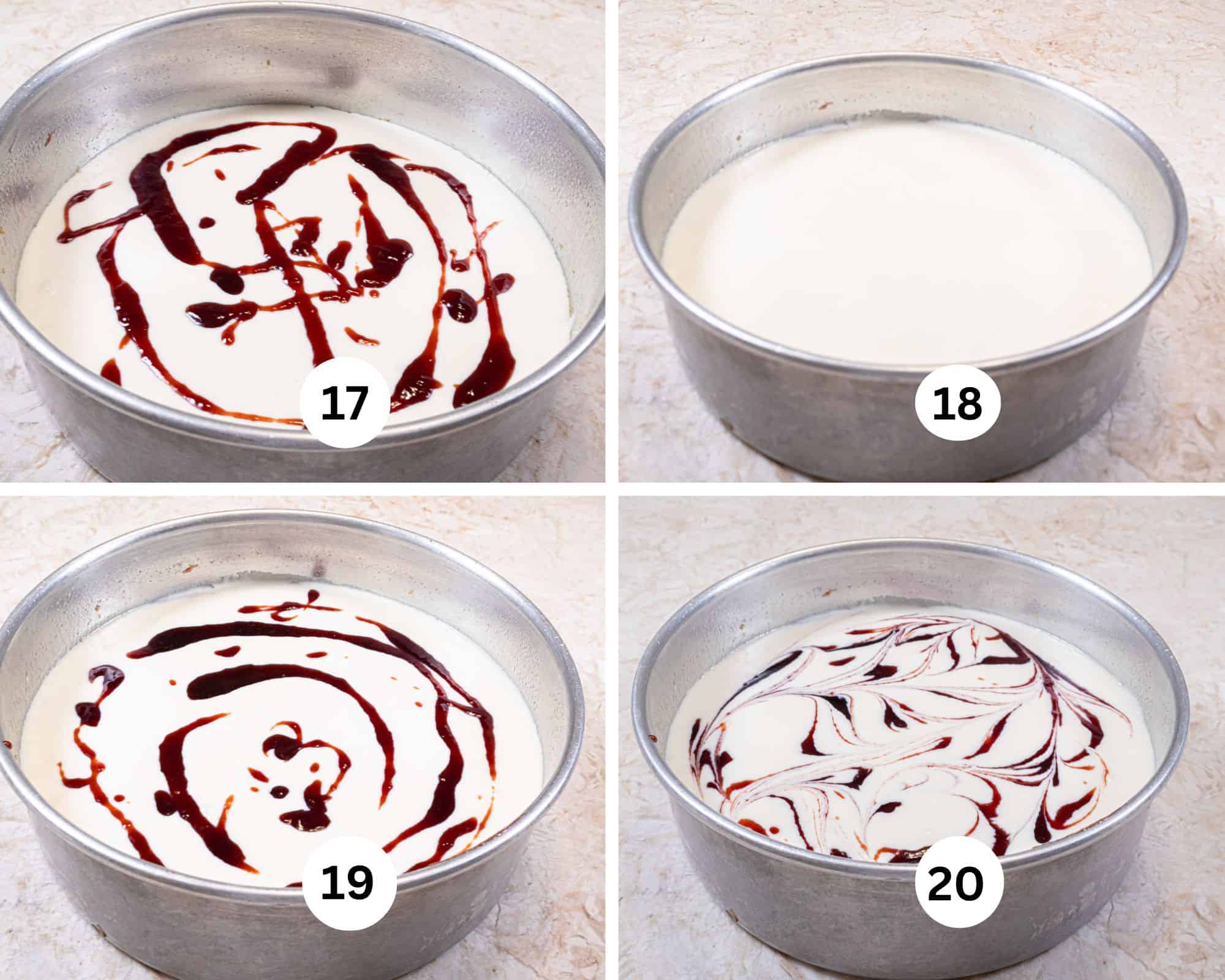 This colage shows half of the filling in the pan and half of the raspberry jam swirled over the cheesecake, the rest of the cheesecake poured over and the remainder of the jam randomly poured over the cheesecake and then everything swirled togethr.