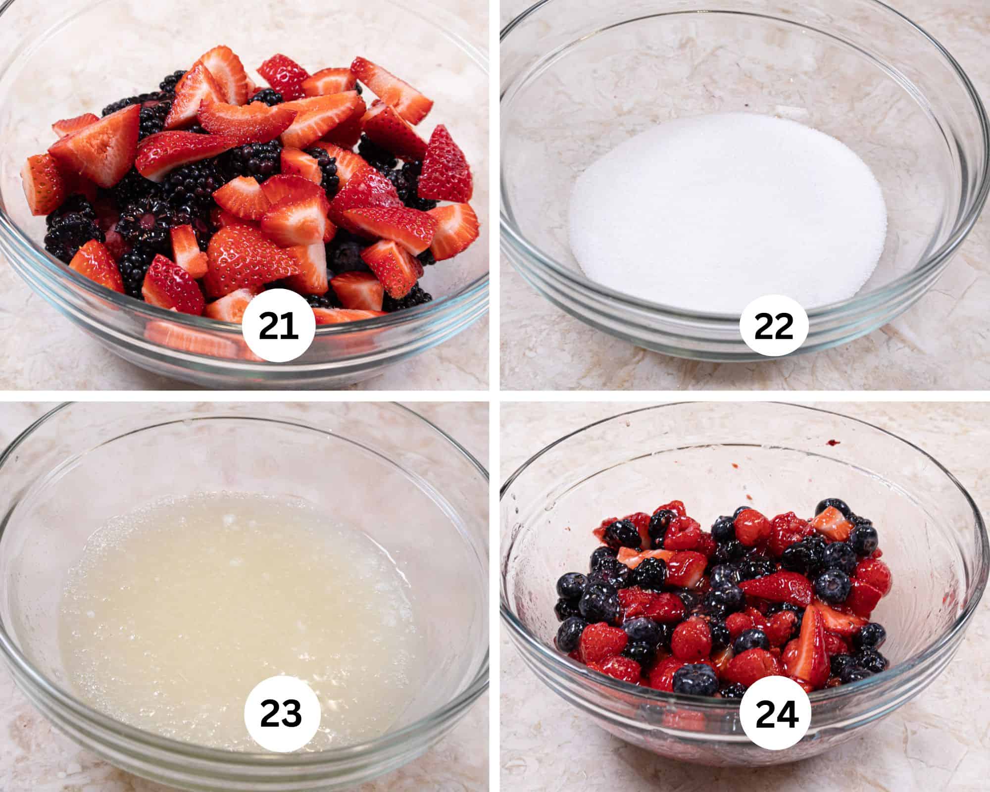 The berry topping collage shows the berries in a bowl, the sugar and clear jelly mixed and added to the water and lemon juice, then poured over the berries.