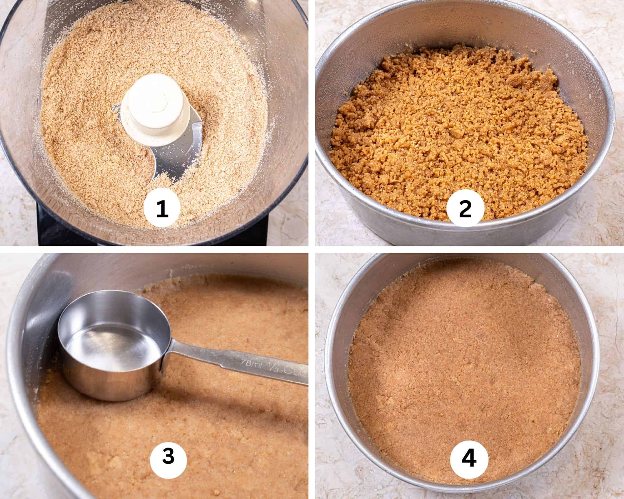 The collage for the Vanilla Wafer Crust shows the wafers and powdered sugar processed to crumbs, the butter added and placed in the cheesecake pan, then pressed in.