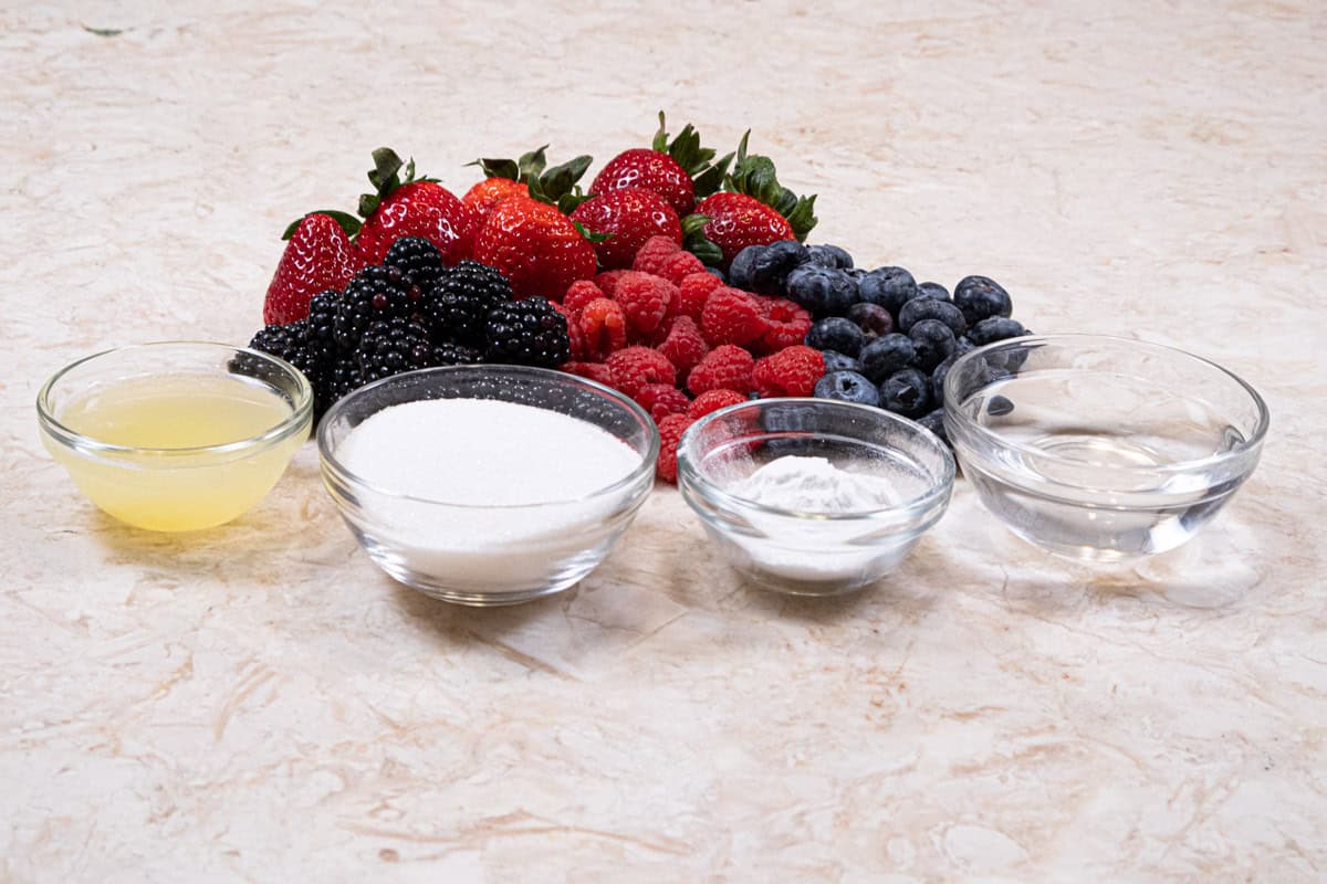 The berry topping consists of blackberries, blueberries, strawberries and red raspberries, sugar, instant clear jel and water.