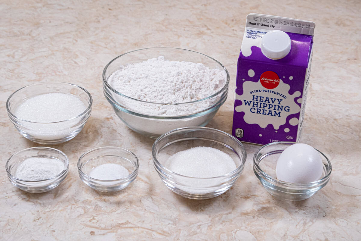 Ingredients for the cream biscuits are cake flour, baking powder, salt, sugar, heavy cream.