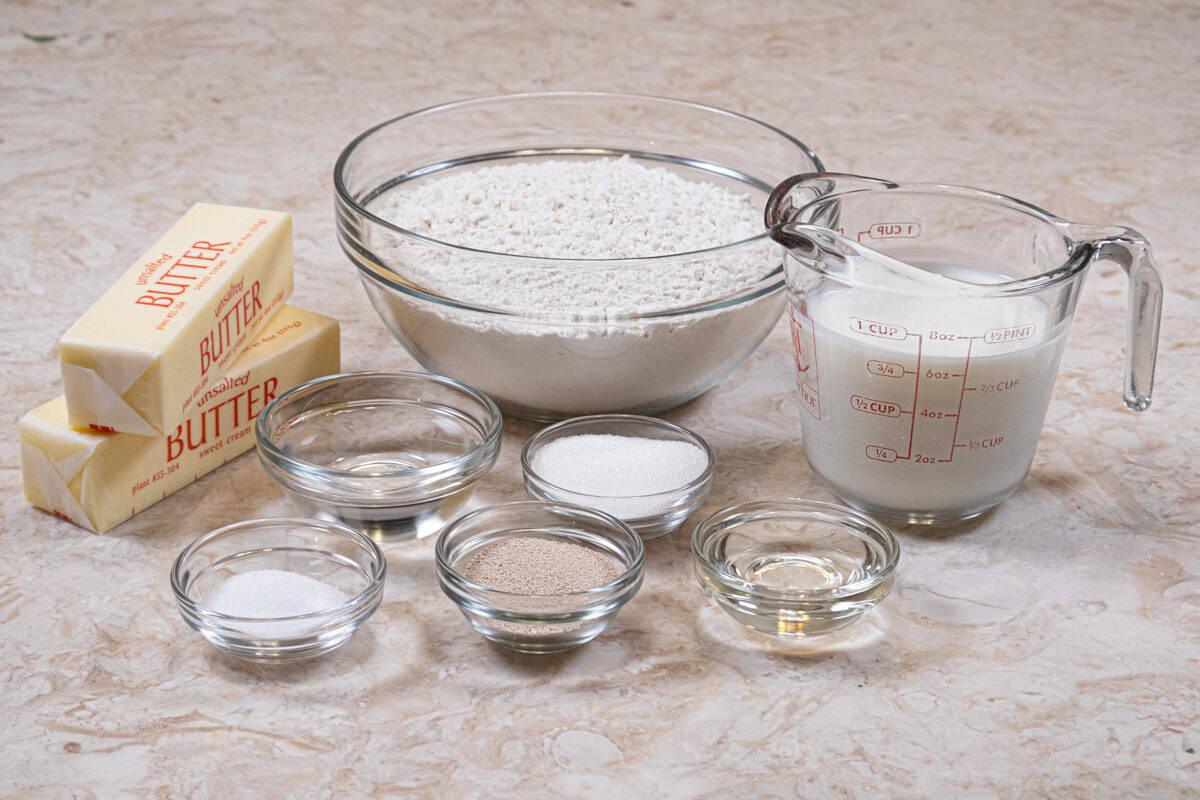 Ingredients for the French Croissants include bread flour, buttermilk, unsalted butter, sugar, yeast, oil, salt and water.