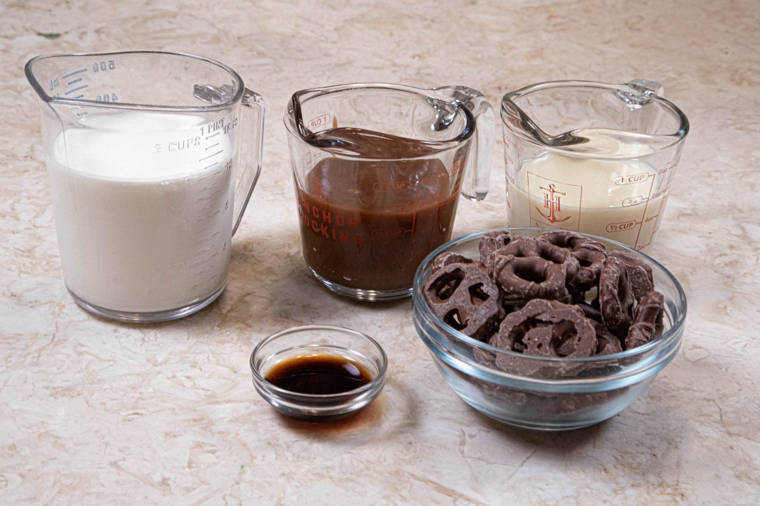 Ingredients for the Chocolate Pretzel Caramel Icen Cream are heavy cream, caramel, condensed milk, chocolate covered pretzels and vanilla.
