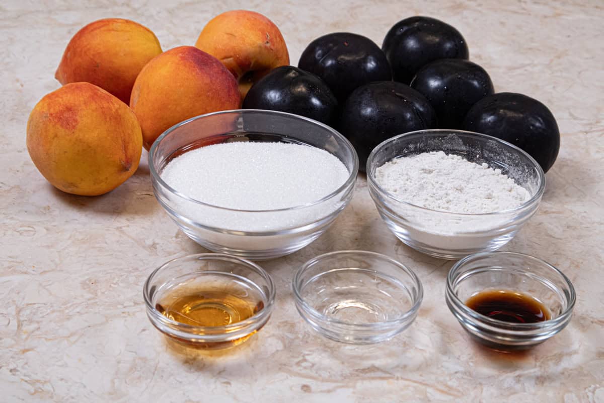 This fruit filling for the Peach and Plum Cobbler includes, peaches, plums, granulated sugar,
all-purpose flour, salt and vanilla and almond extracts and white balsamic vinegar.