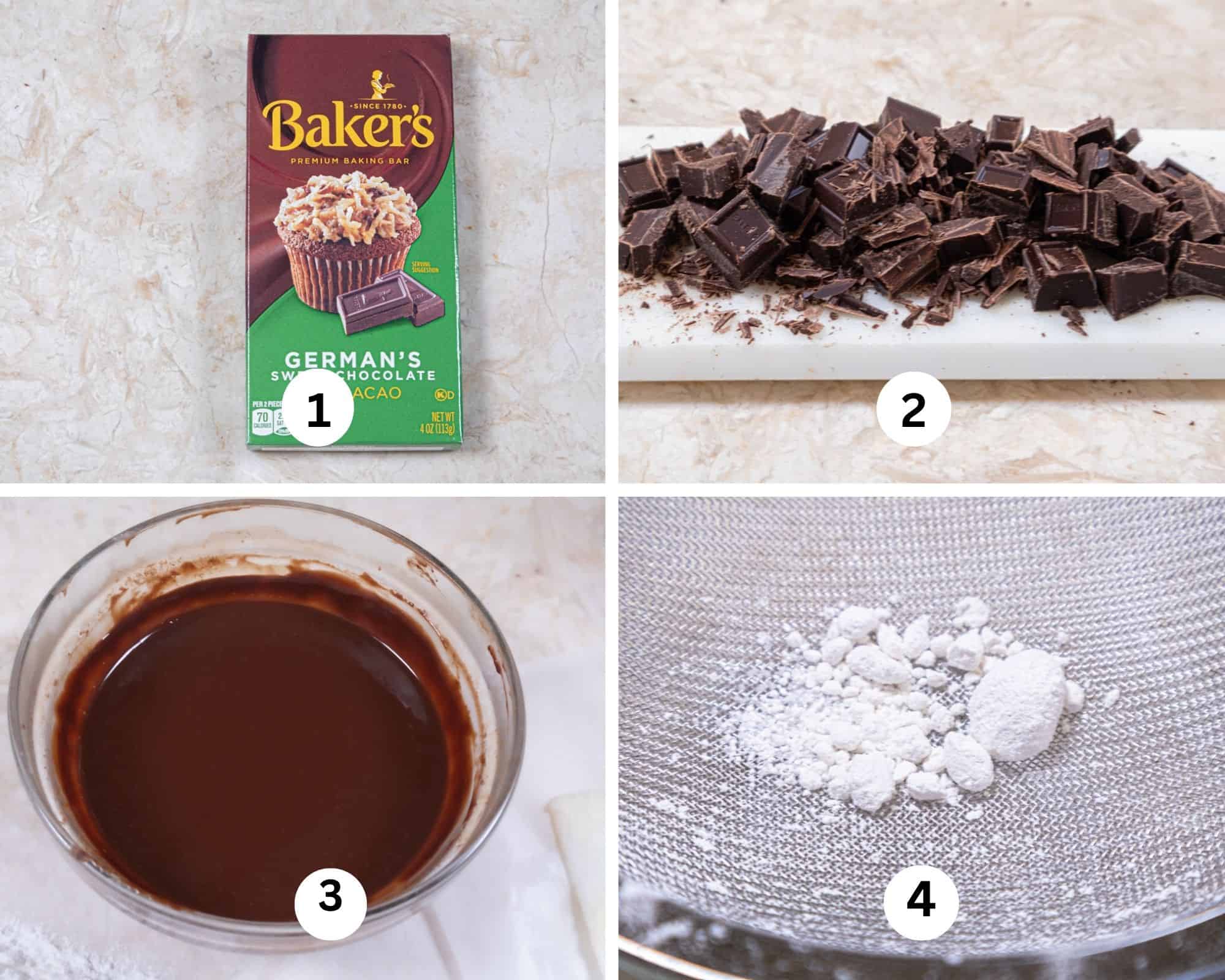 The first collage for the German Chocolate Cake includes the wrapper for the Baker's German's Chocolate, the chocolate cut up, then melted and lumps of cake flour in a strainer.