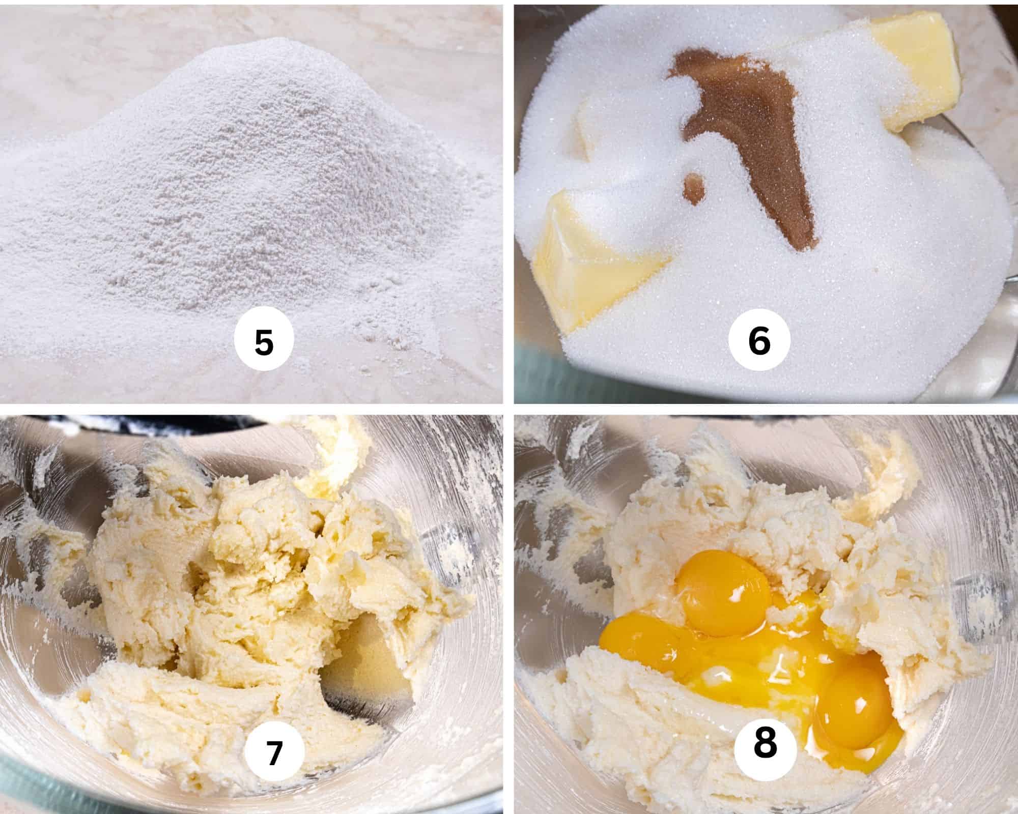 This collages shows the sifted flour, the butter, sugar and vanilla in the mixing bowl,, then mixed and the egg yolks added.