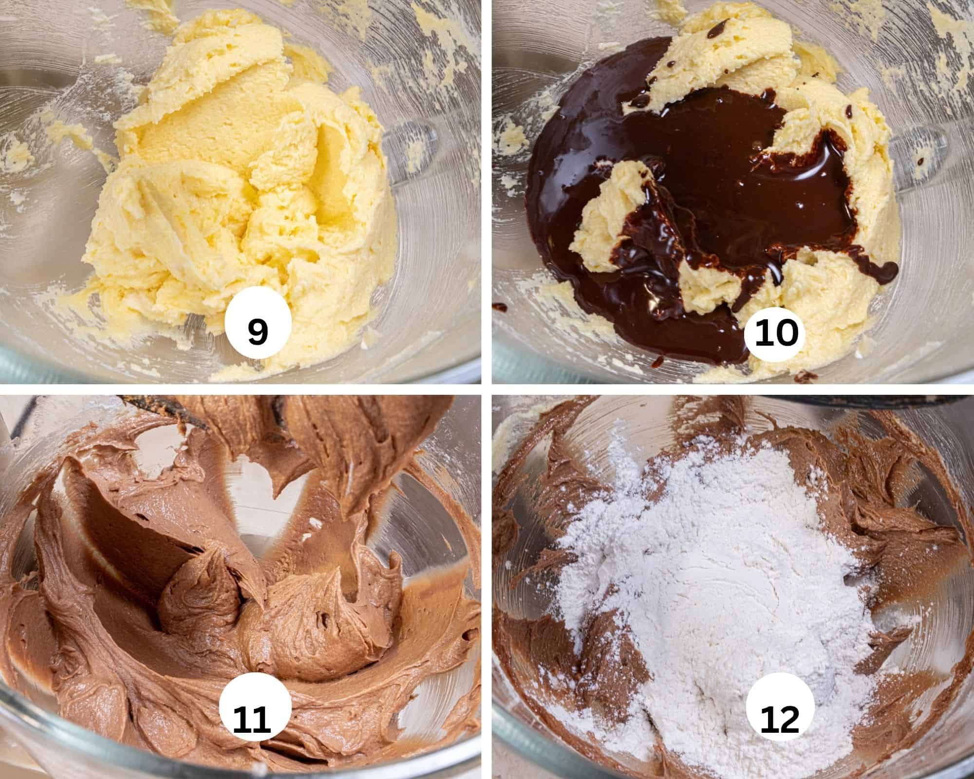 This collage shows the butter/sugar mixture creamed, the chocolate added and the first addition of flour.