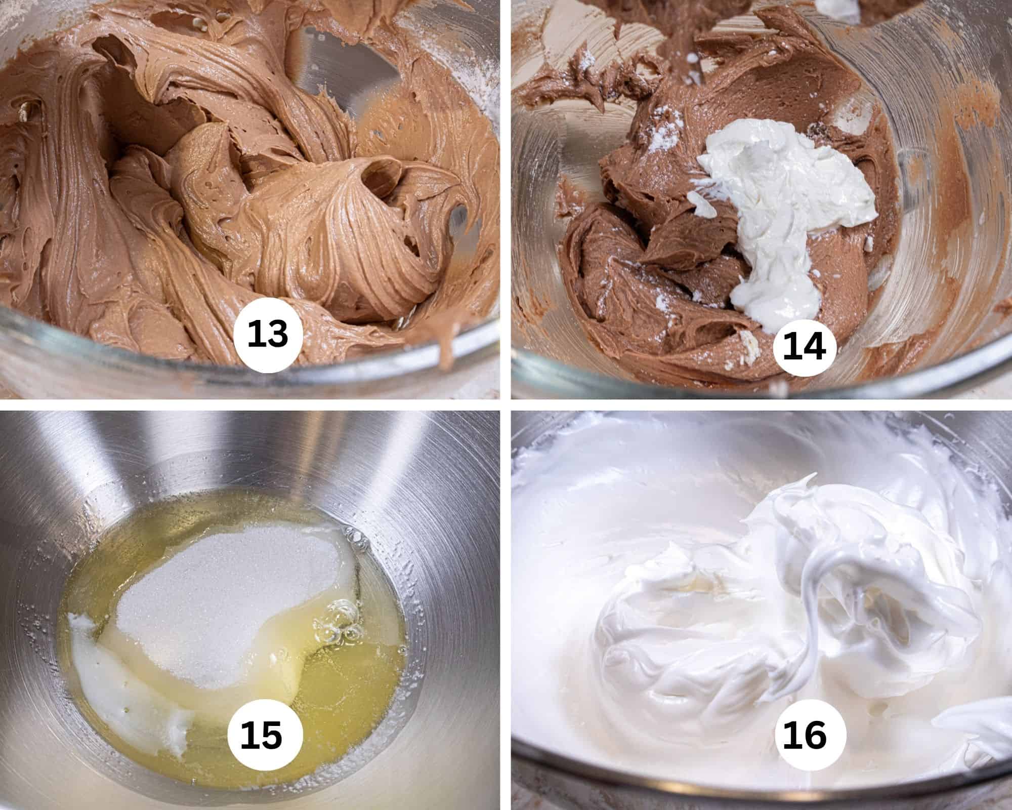 The first addition of flour is mixed in, the first addition of sour cream is in, the egg whites and sugar are shown in a mixing bowl and then they are beaten.