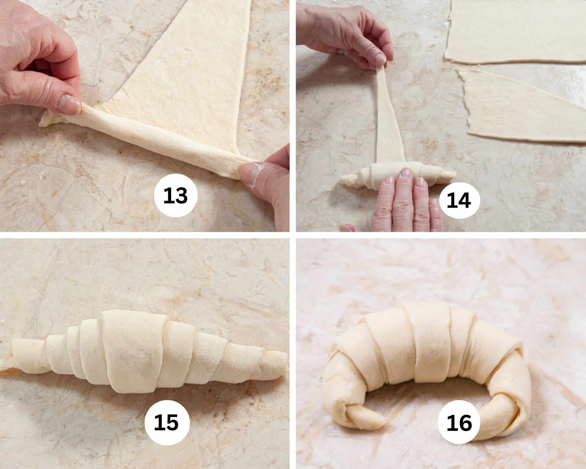 This collage for the French Croissants shows one of the diagonal pieces of dough being rolled up, the pointed end being pulled out to extend the roll, completely rolled up and then the corners brought down and turned in to make the traditional crescent shaped croissant.