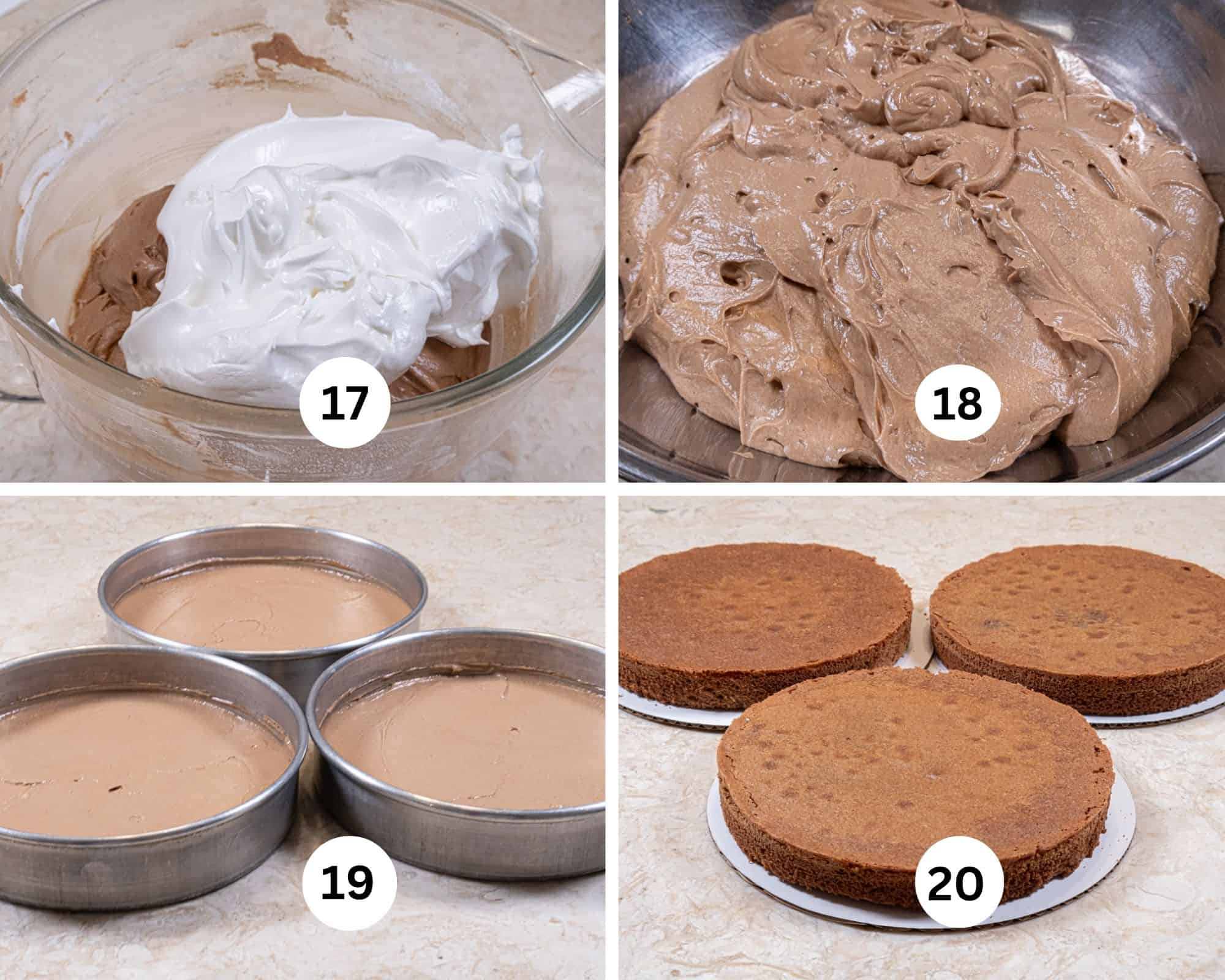 This collage shows the meringue added to the cake batter and completely folded in, the batter divided between the 3 pans and baked.