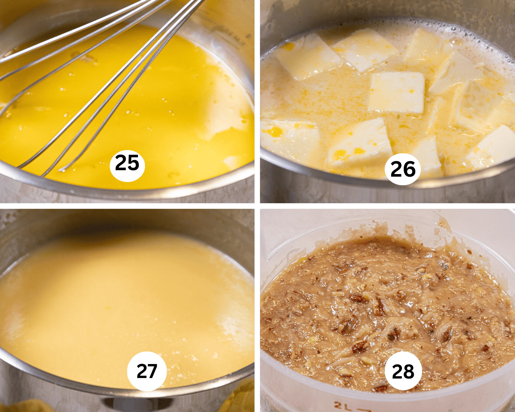 This collage shows the filling being made with the egg yolks, sugar, butter and evaporated milk in a saucepan whisked together, the butter added, the custard made and the coconut and pecans added.