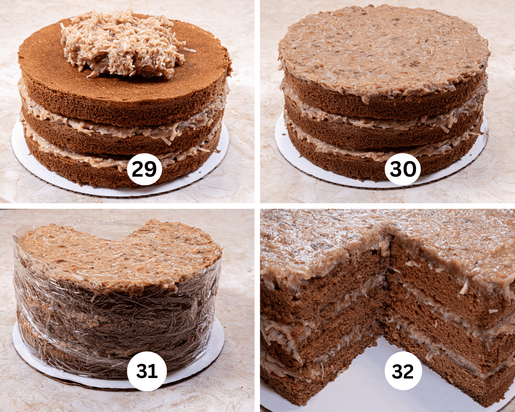 The final collage shows the final filling being used to top the cake and spread out, then the edge wrapped in plastic warp and the cake cut showing the left side cut straight down and the right sided cut with a sawing motion.