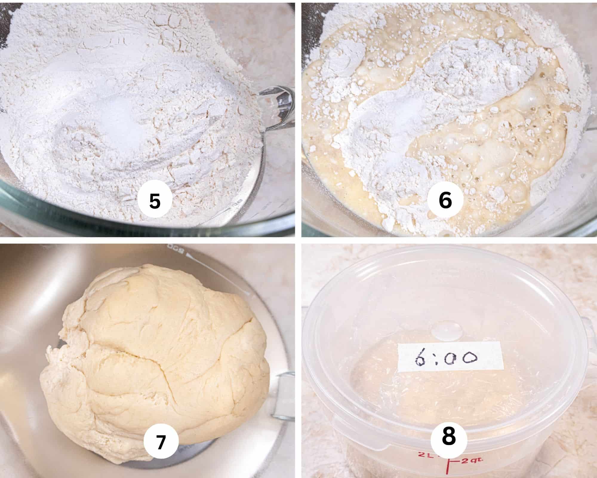 This collage shows the dry ingredients in a mixing bowl, the wet ingredients added, the dough mixed and the put in a container to rise.