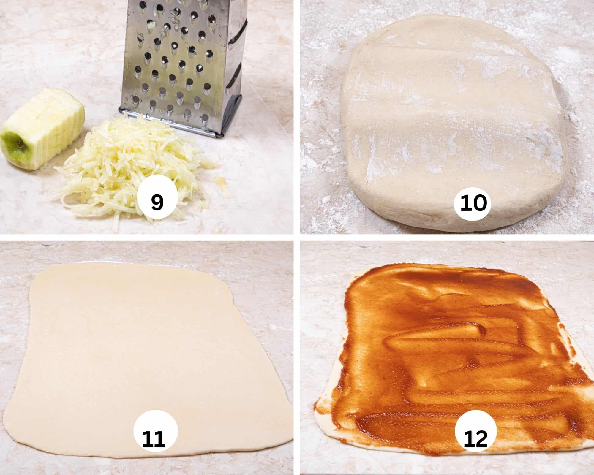 This collages shows the apples being shredded, the dough being dented to male it easier to roll out, the dough rolled out and spread with apple butter.