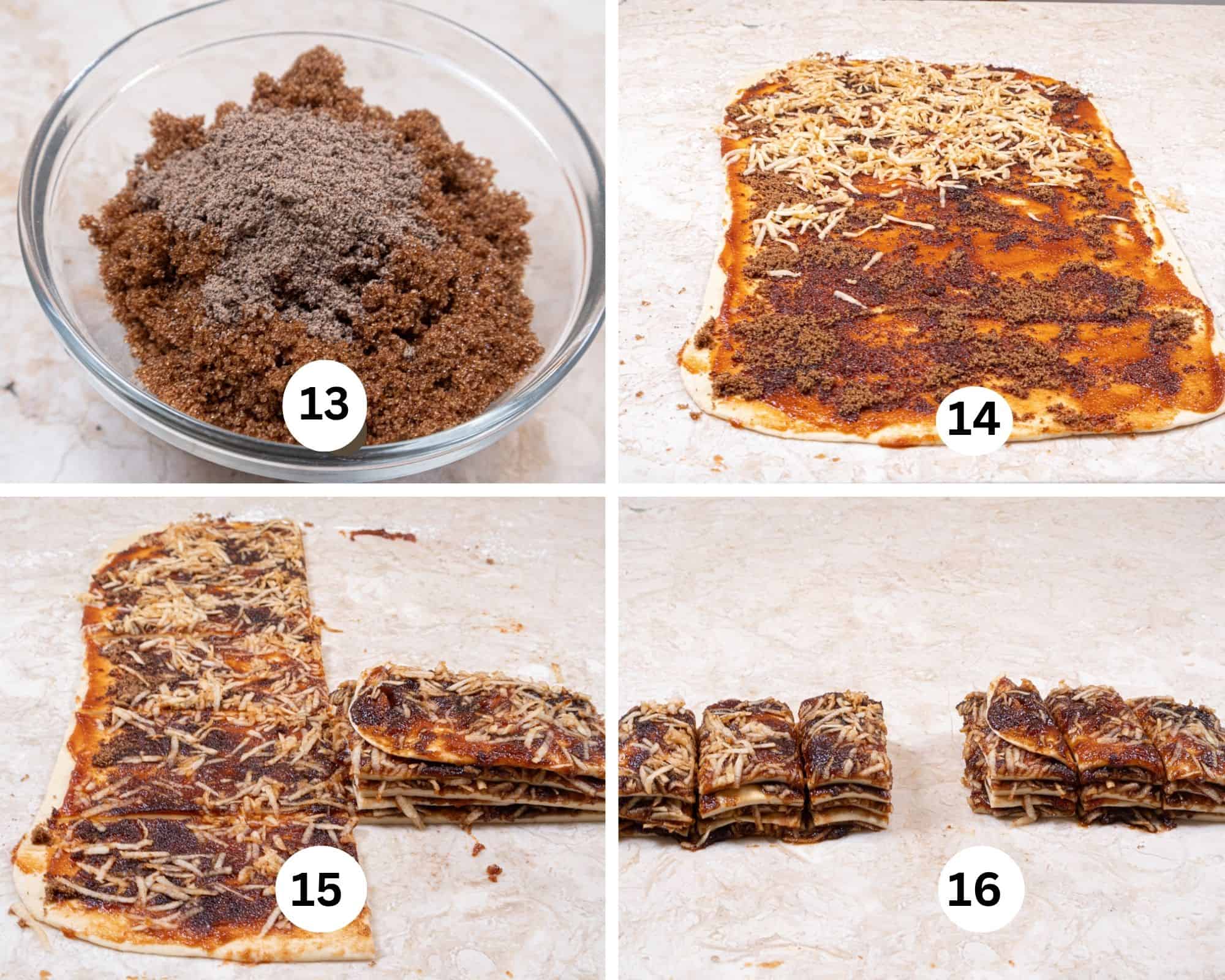 This collage shows the brown sugar and cardamom being mixed, the shredded apples on top of the apple butter, then all of the apples distributed, the dough cut in half lengthwise with one stack of cut pieces and both stacks cut in thirds.