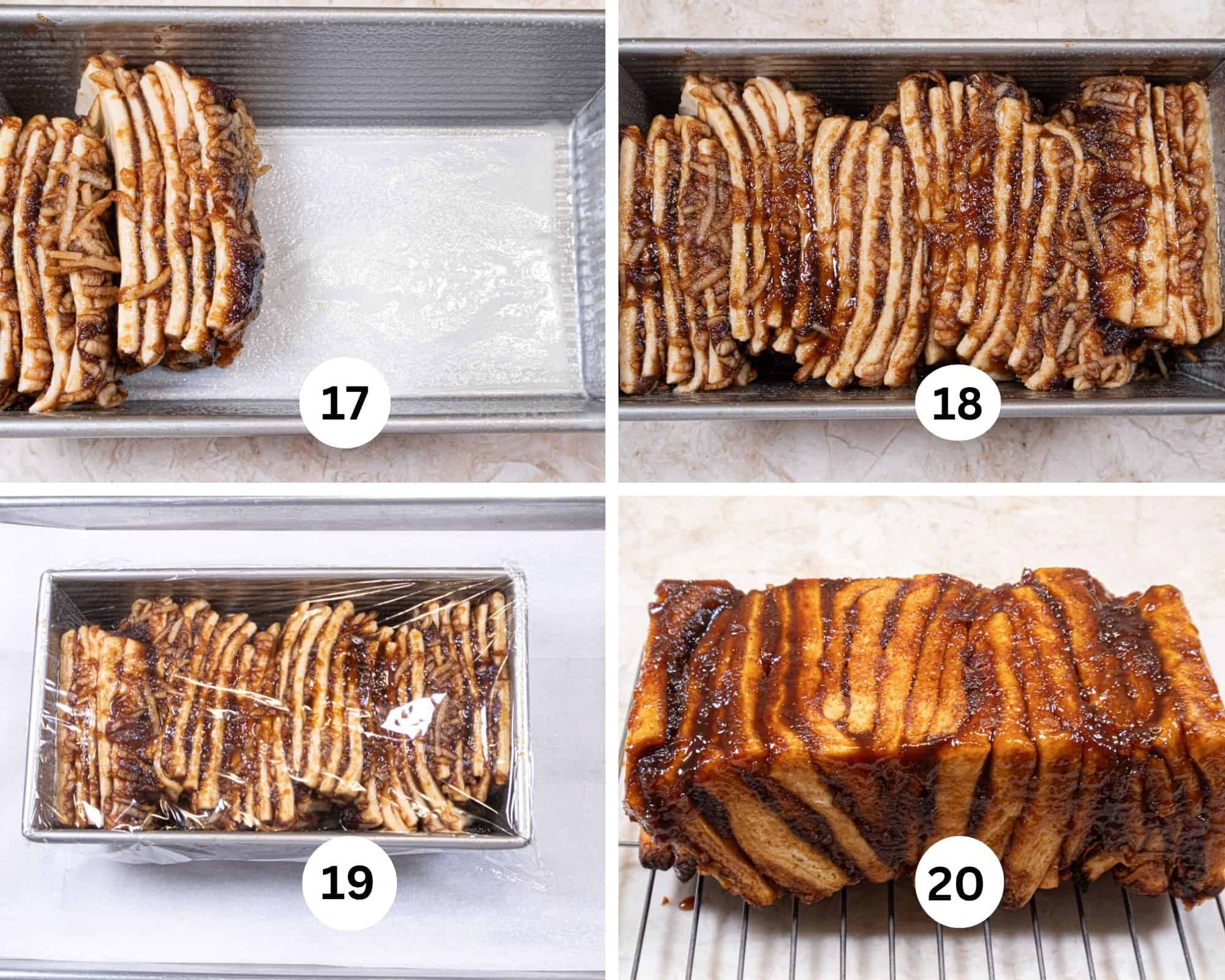 The last collage shows the first 2 stacks, staggered in the loaf pan, then all of the stacks in the pan, the pan covered loosely with plastic wrap and the baked bread turn out upside down on a rack.