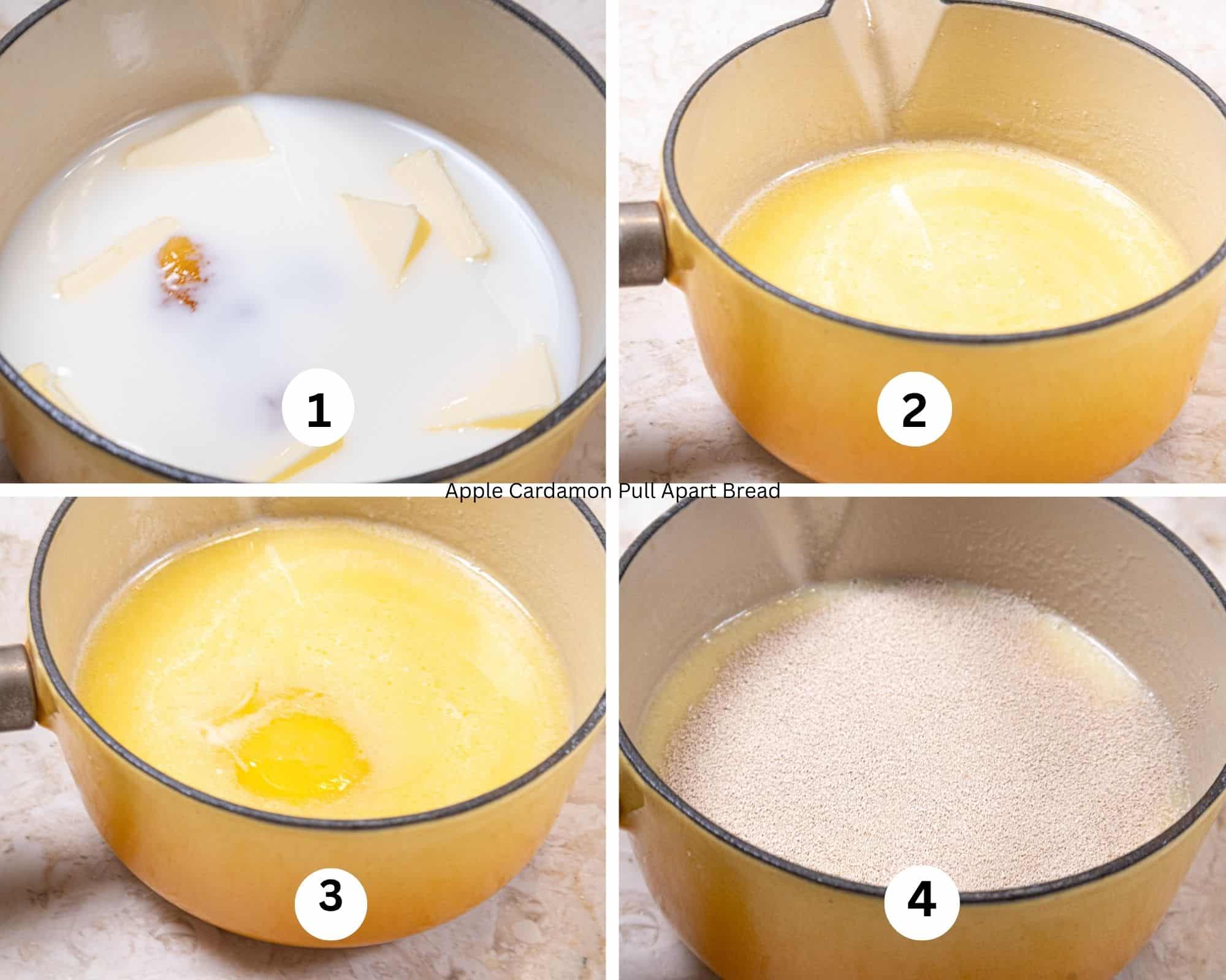 The first collage for the
Apple Cardamom Pull Apart Bread shows the milk, honey and butter in a small saucepan, heated to melt the butter and honey, the egg added and finally the instant yeast.