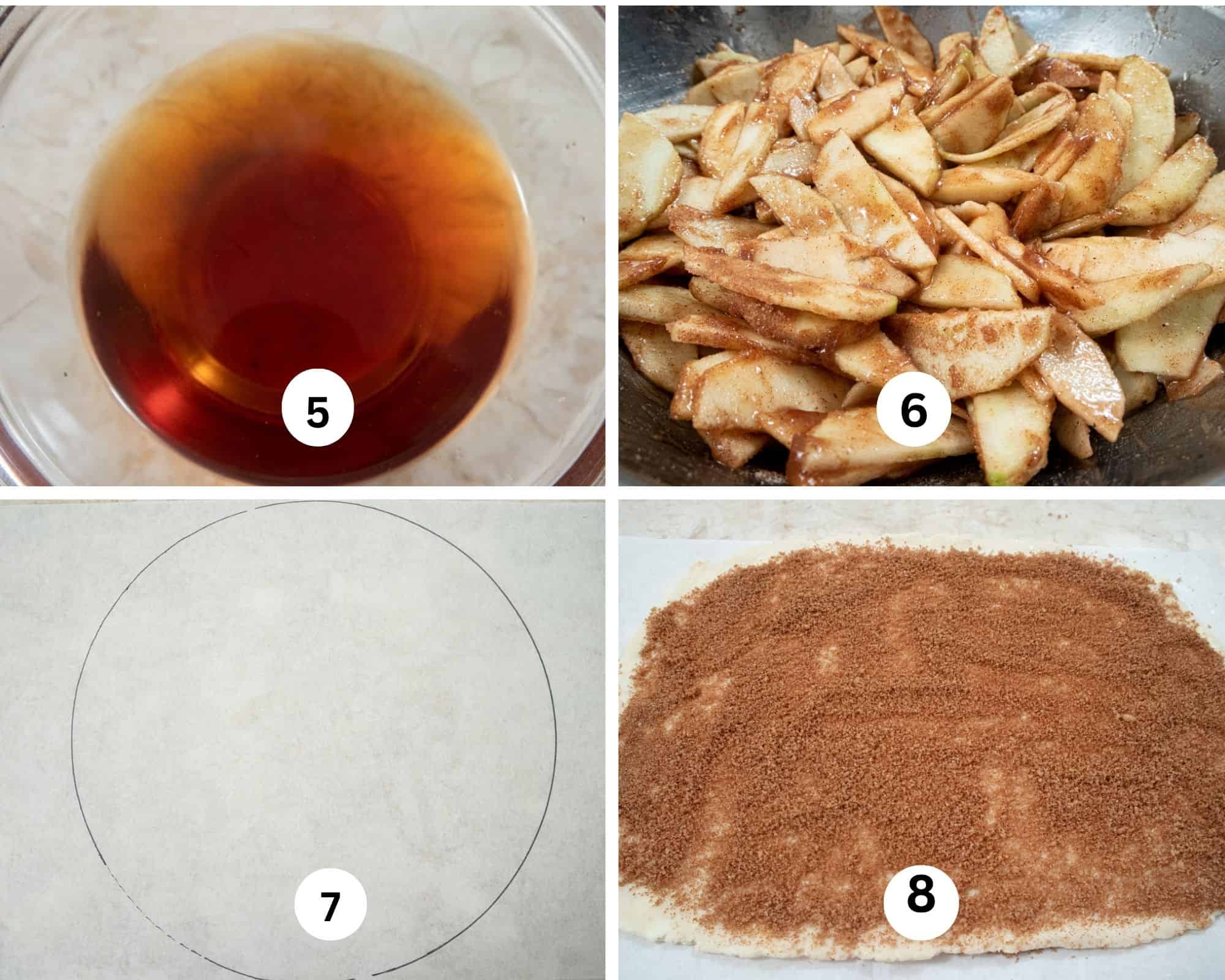 This collage shows the apple juice concentrate, the brandy and vanilla mixed togethetr.