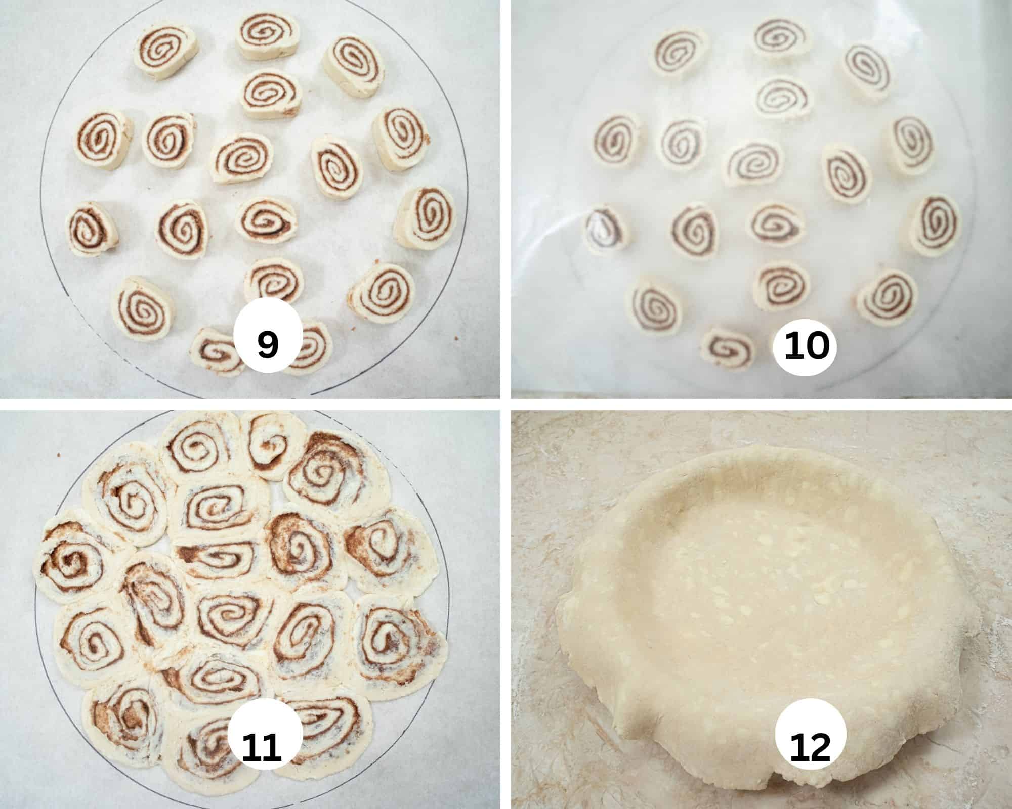 This collage shows the cinnamon roll cut into pieces and placed inside the circle on parchment, waxed paper placed over then and then rolled out, and finally the bottom crust inside the pie plate.