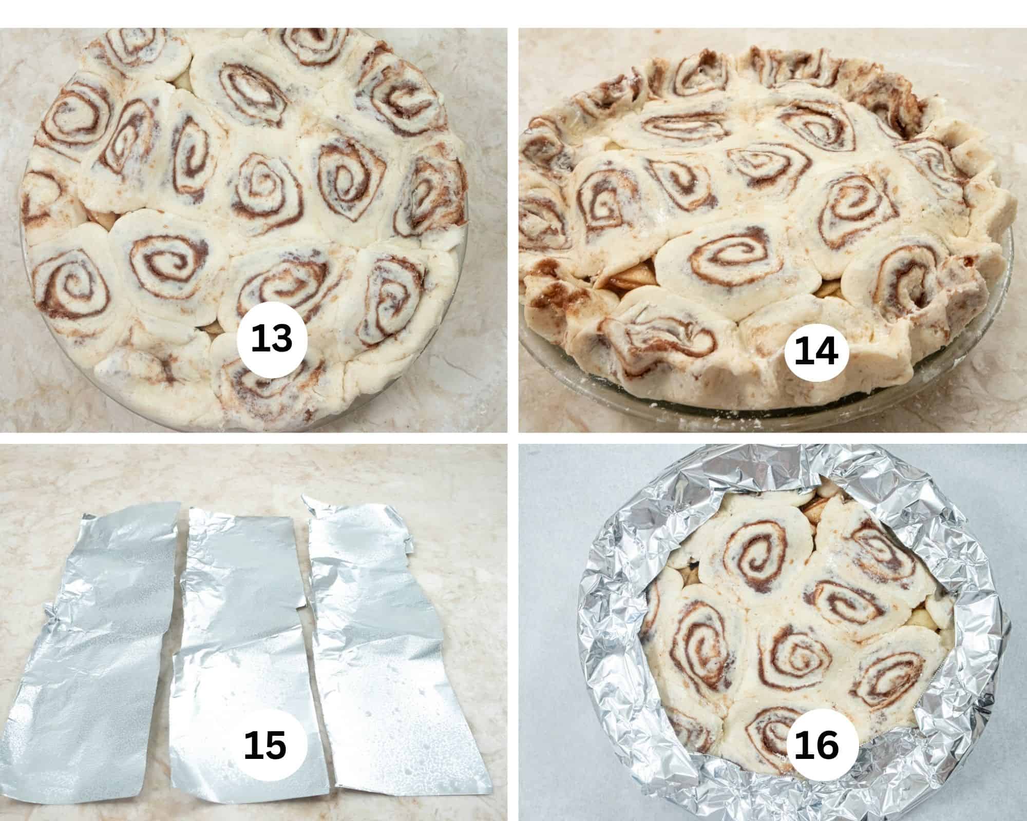 The last collage shows the top crust on the pie, the edges fluted, strips of foil, and the edges covered with the foil.