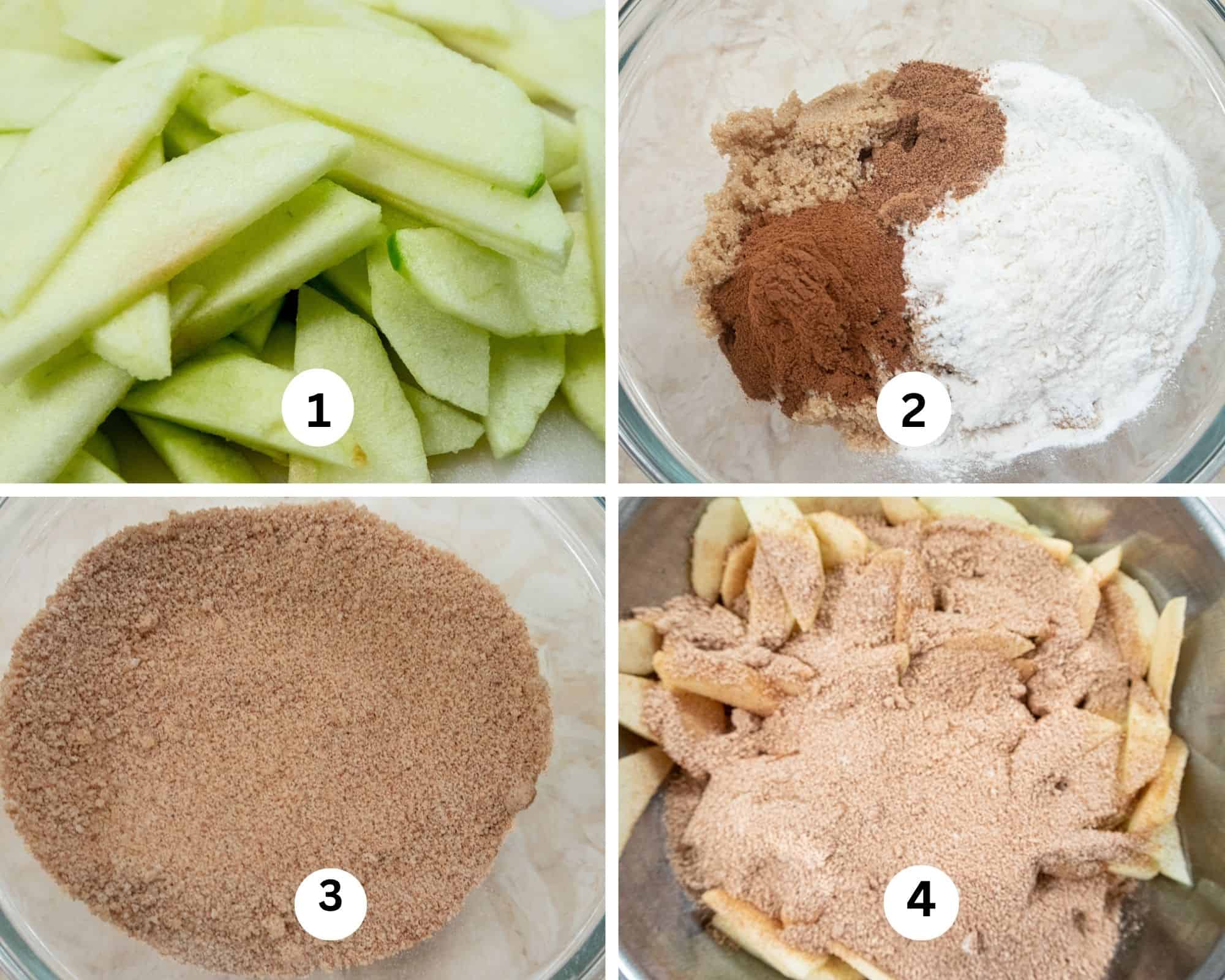 This collage shows the apples slices, the dry ingredients in a bowl, then mixed and added to the apples.