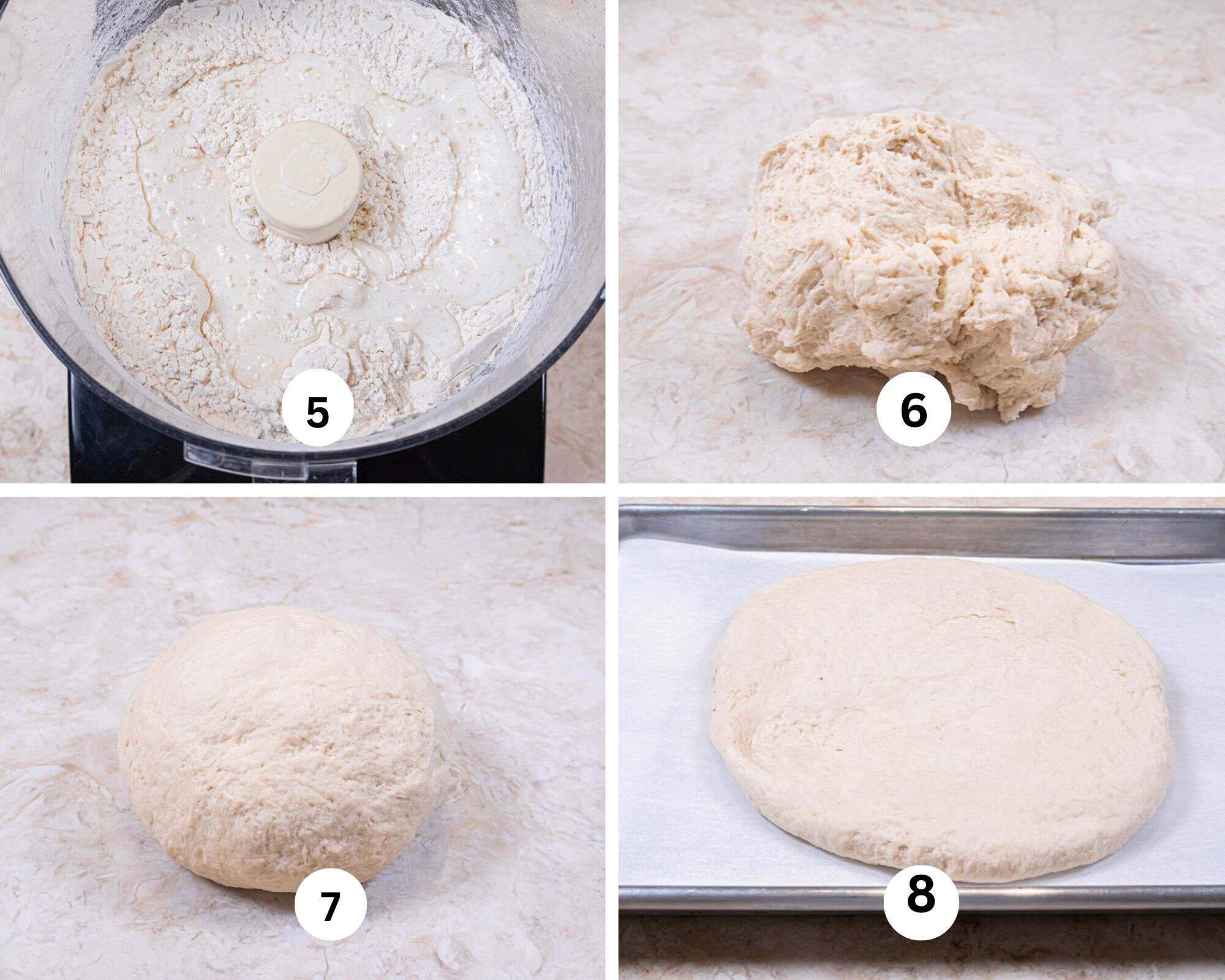 This collage shows the buttermilk added to the processor, the dough made, shaped into a ball and then into an 8" round.
