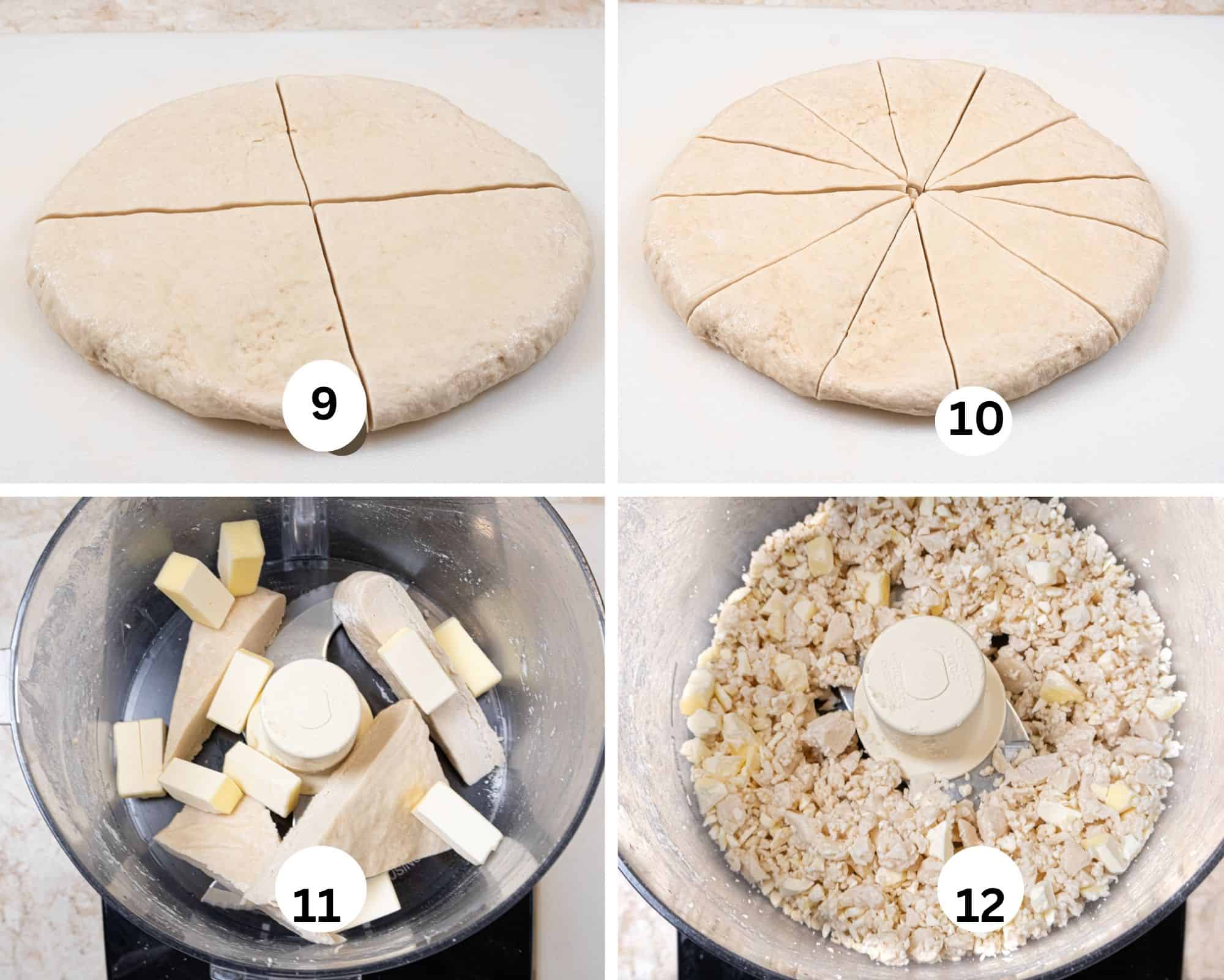 After the dough has been briefly frozen, cut it into fourths, then 12 pieces. 1/3 of the dough and butter are placed in the bowl of a processor and then cut together.