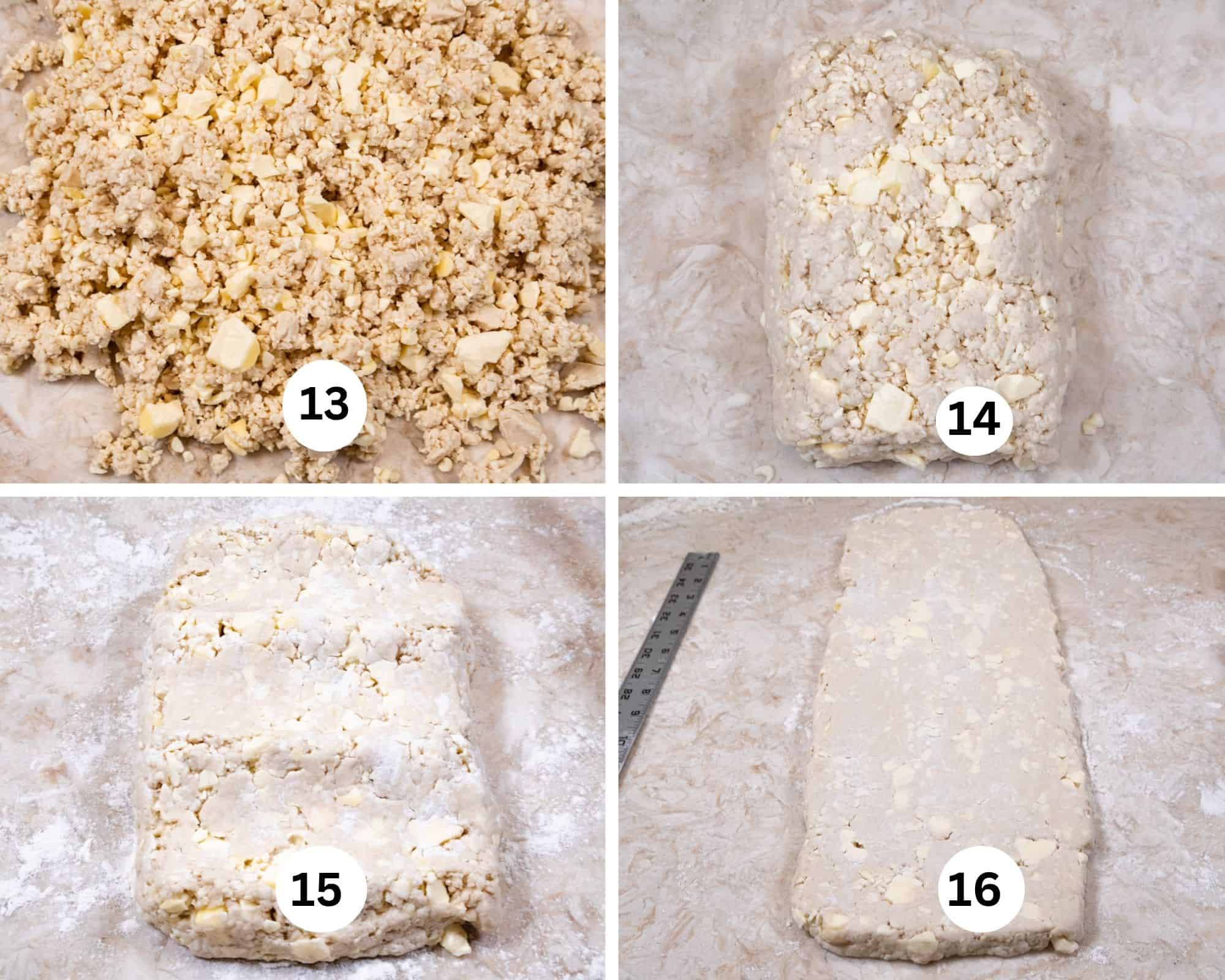 This collage shows the dough/butter mixture out on a work surface, formed into a rectangle, dents made into the dough and the dough rolled out.