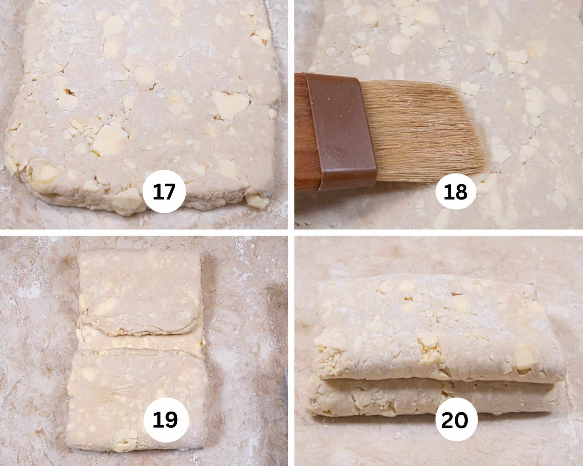 This collage shows the size of the butter pieces in the rolled out dough, brushing off flour before folding the dough, and folding the dough.