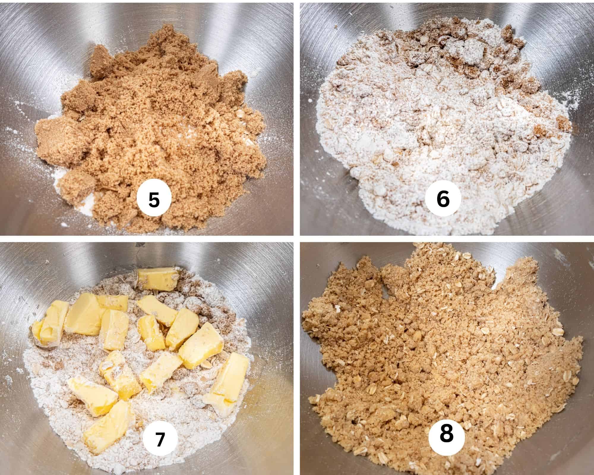 This collage shows the streusel being made The brown sugar, oats and flour are in a mixing bow. The butter is cut up and added then all are mixed to make make the crumbs.