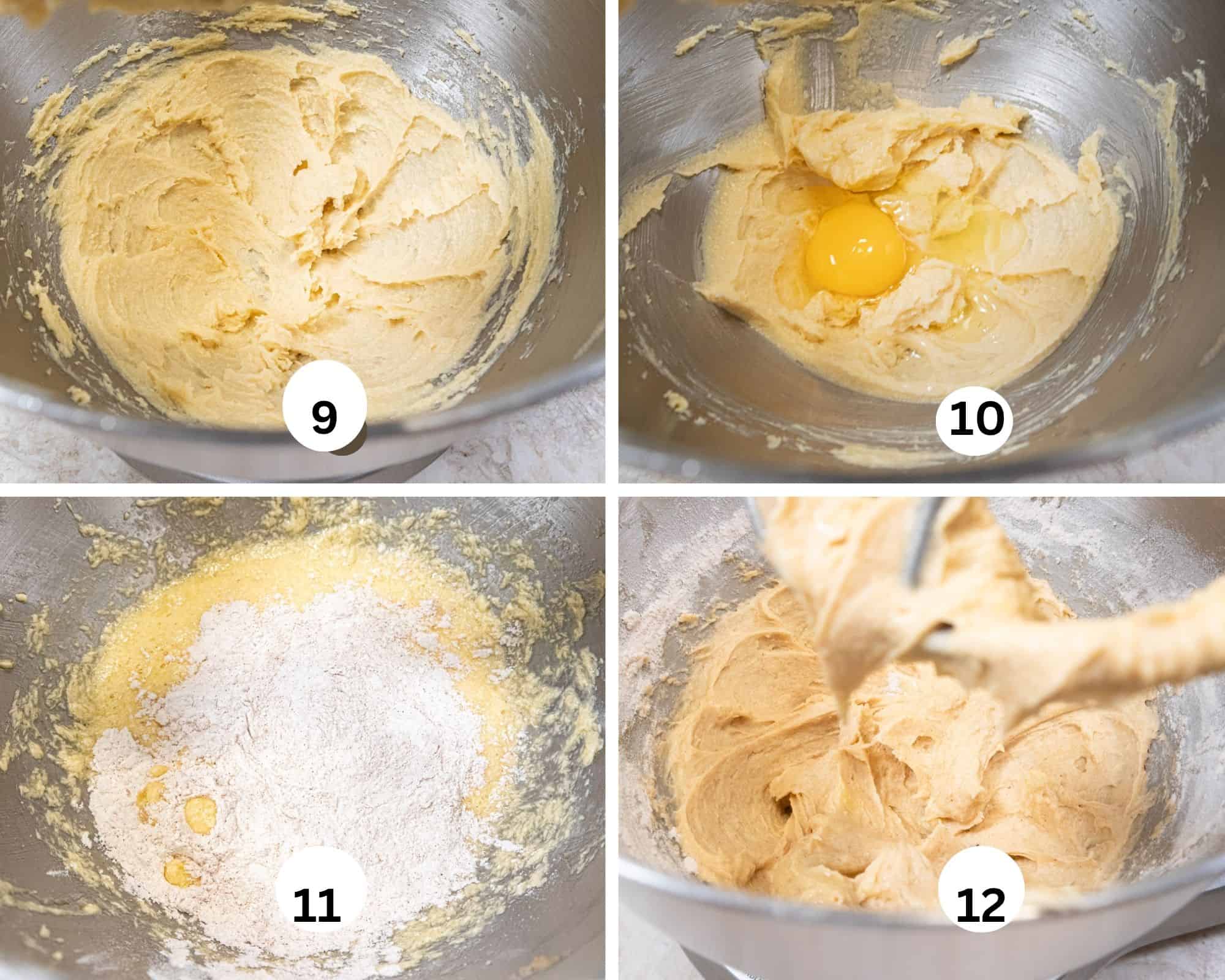 This collage shows the cake batter being made b beating the butter and sugar together, adding the egg, the flour and the finished batter.