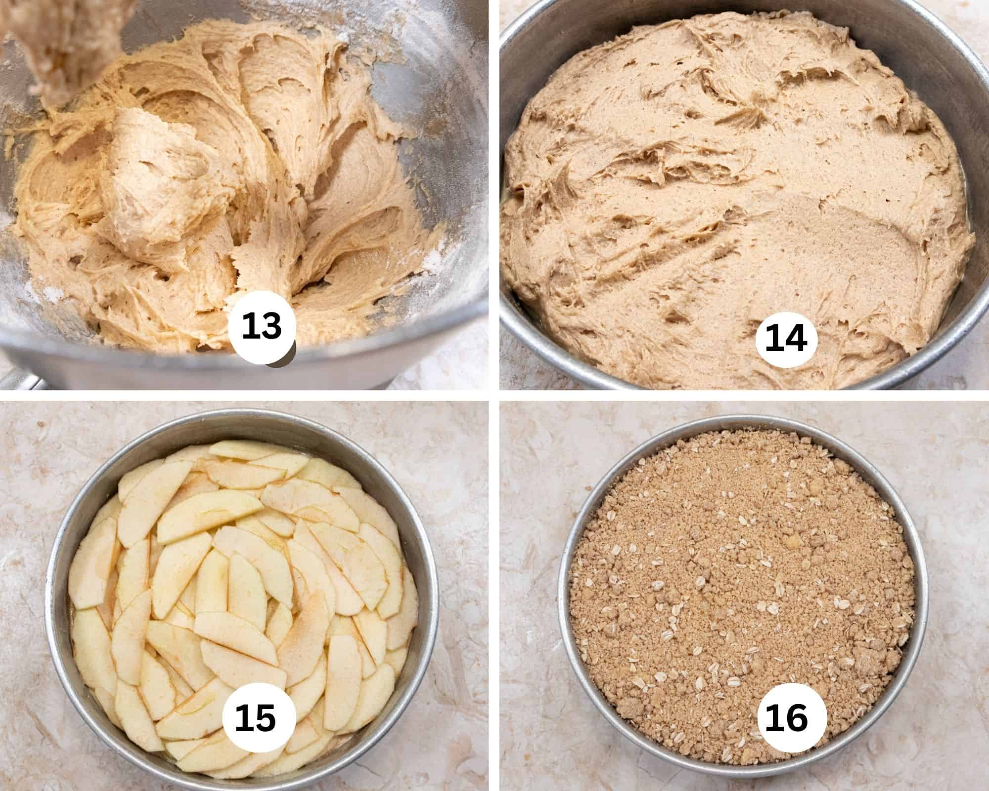 The final collage shows the batter mixed, in the pan, apples on top and the streusel on top of the apples.