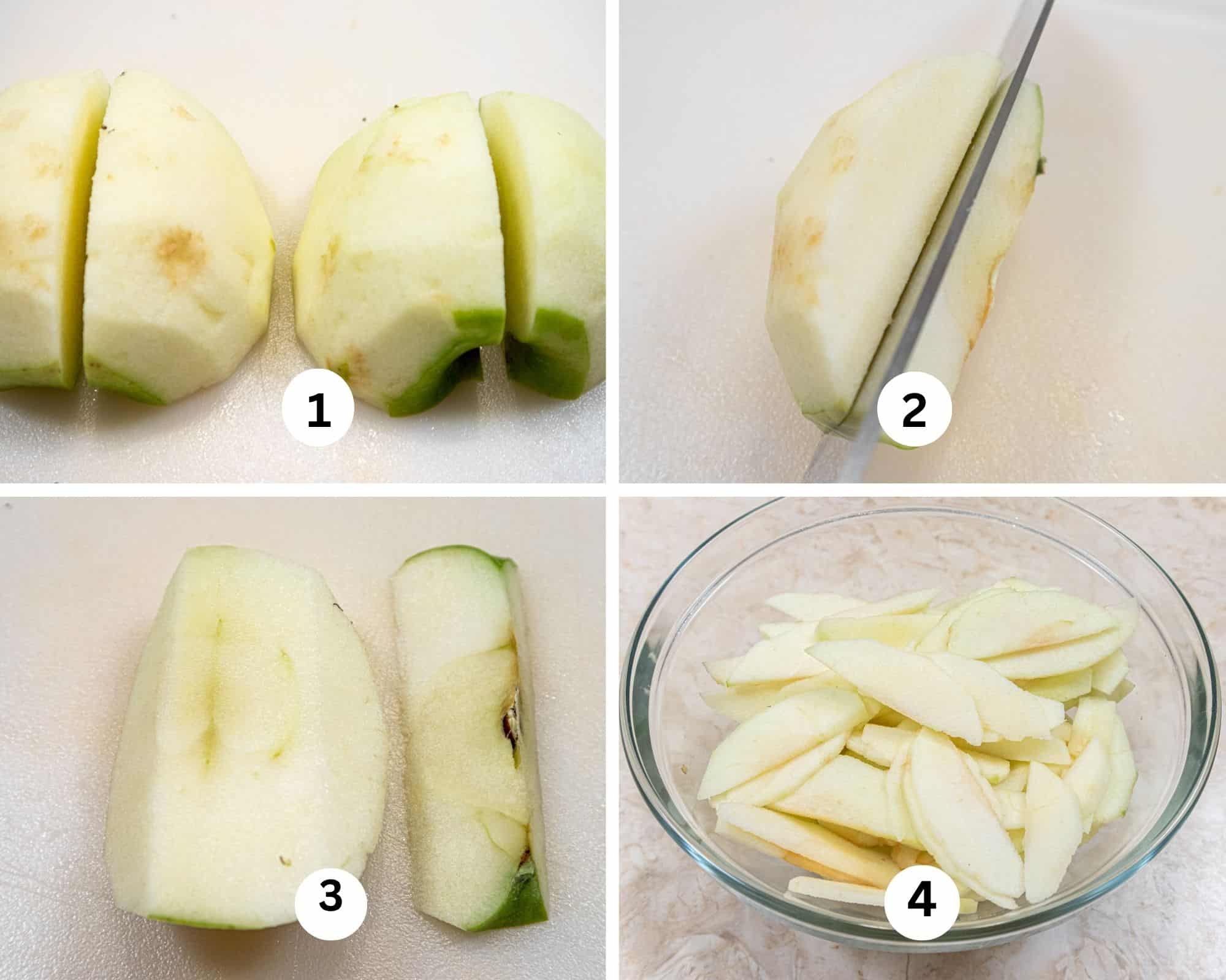 The first collage for the Irish Apple Cake shows how to cut the apples by fir peeling and cutting them in half, then in quarters, removing the core and slicing them.