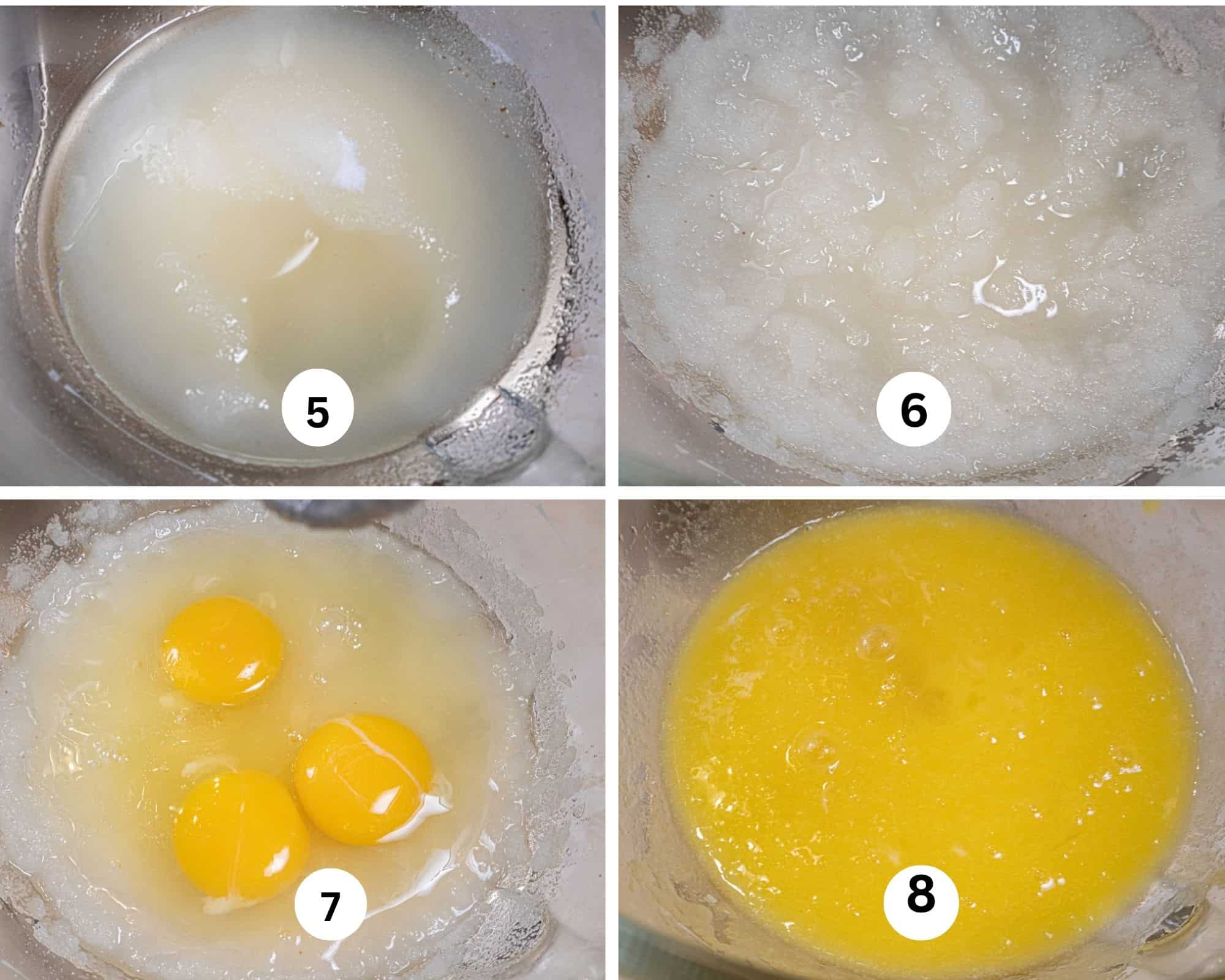 This collage shows the coffee cake being made by combining the oil and sugar in a mixing bowl, mixed briefly, the eggs added and everything combined.
