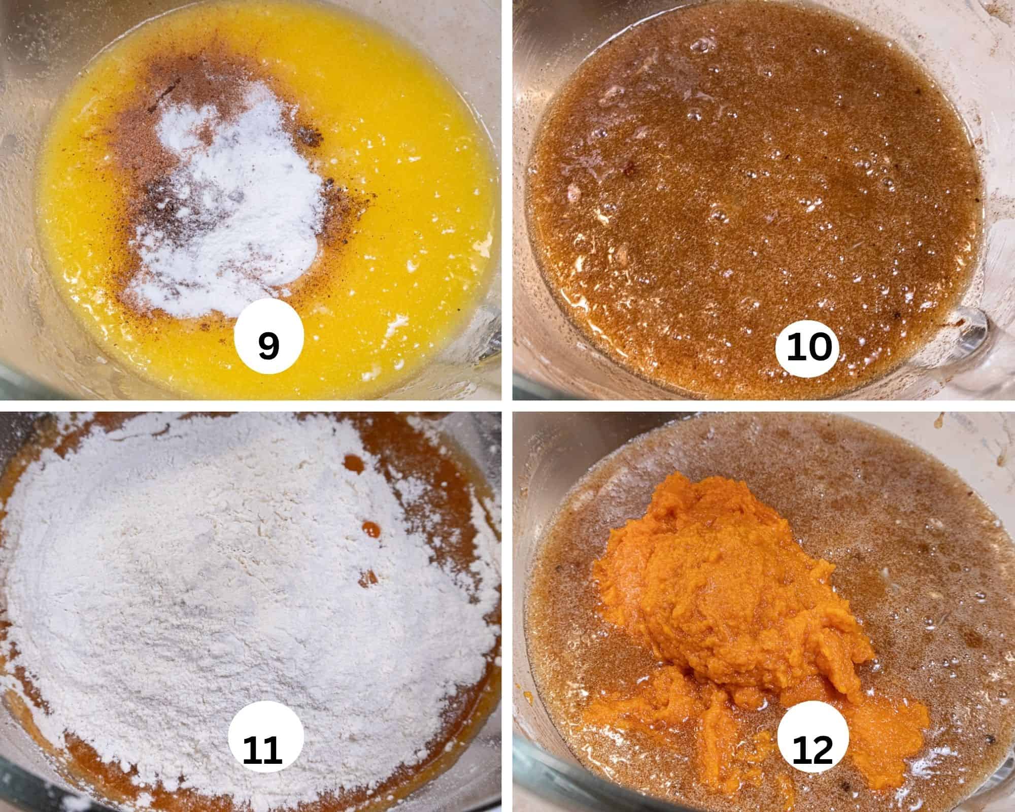 This collages shows the spices, baking powder and baking soda added to the egg mixture.