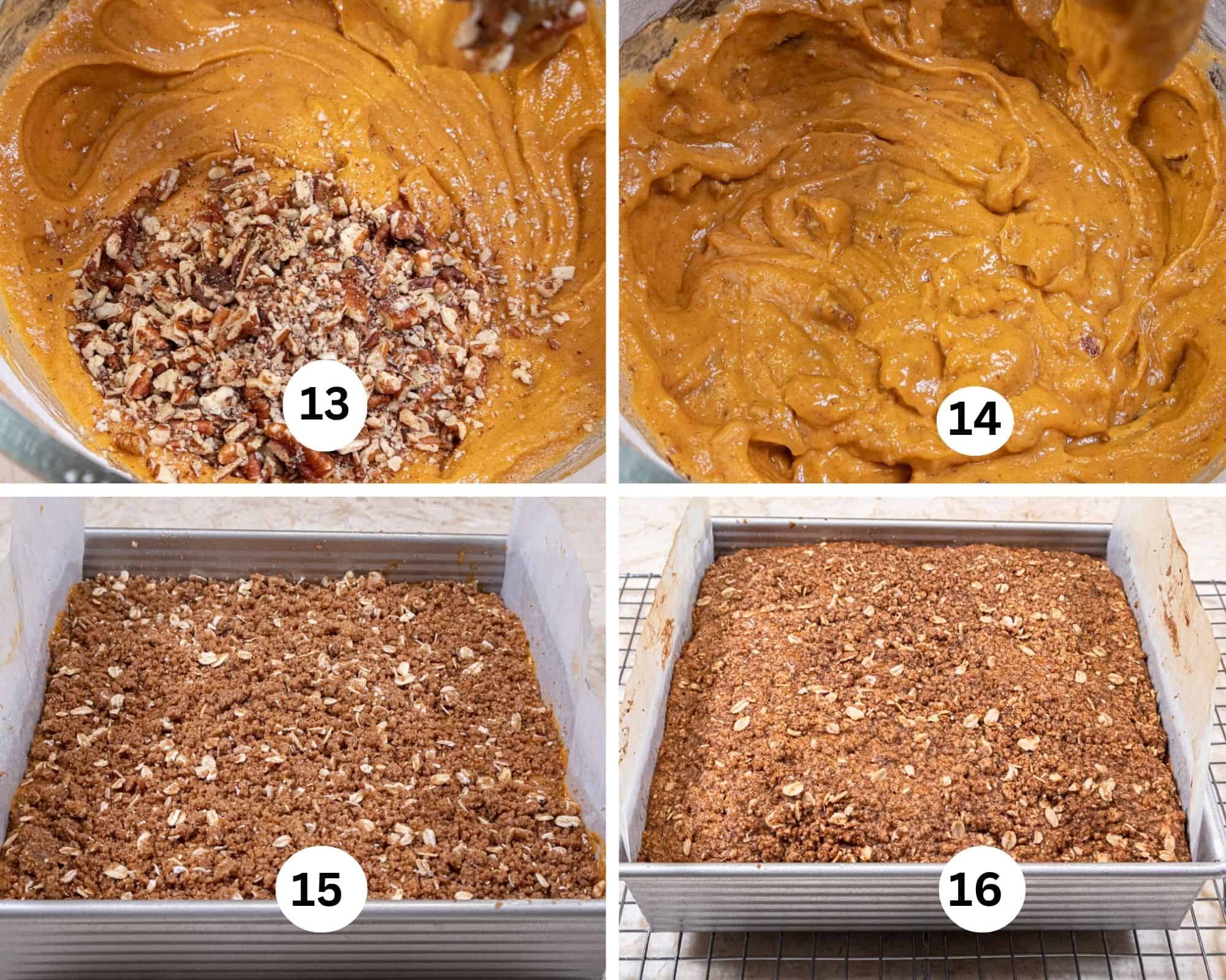 After the pumpkin has been added, add the nut, pour it into the prepared pan and bake as directed.