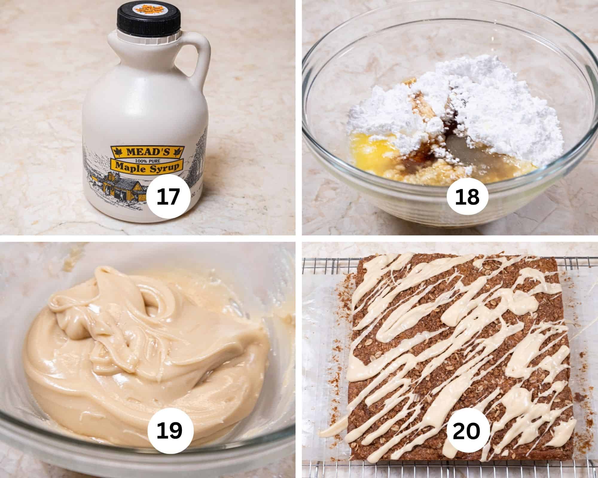 The last collages shows a jug of pure maple, all the ingredients for the maple lage in a bowl, mixed and drizzled onto the baked Pumpkin Streusel Coffee Cake.