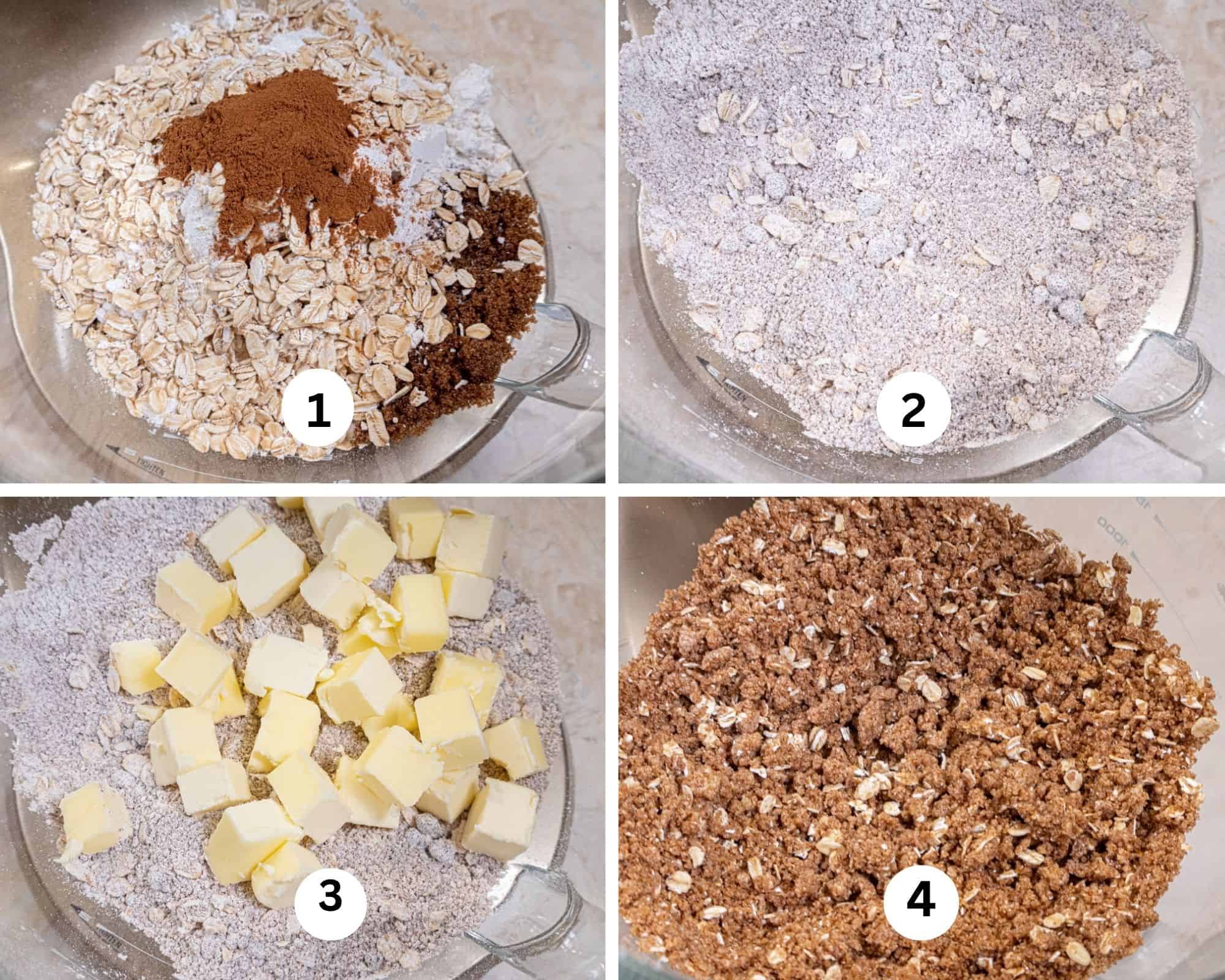 This collage shows the streusel being made with the dry ingredients combined in a mixing bowl, mixed together, the cold butter added and the crumbs made