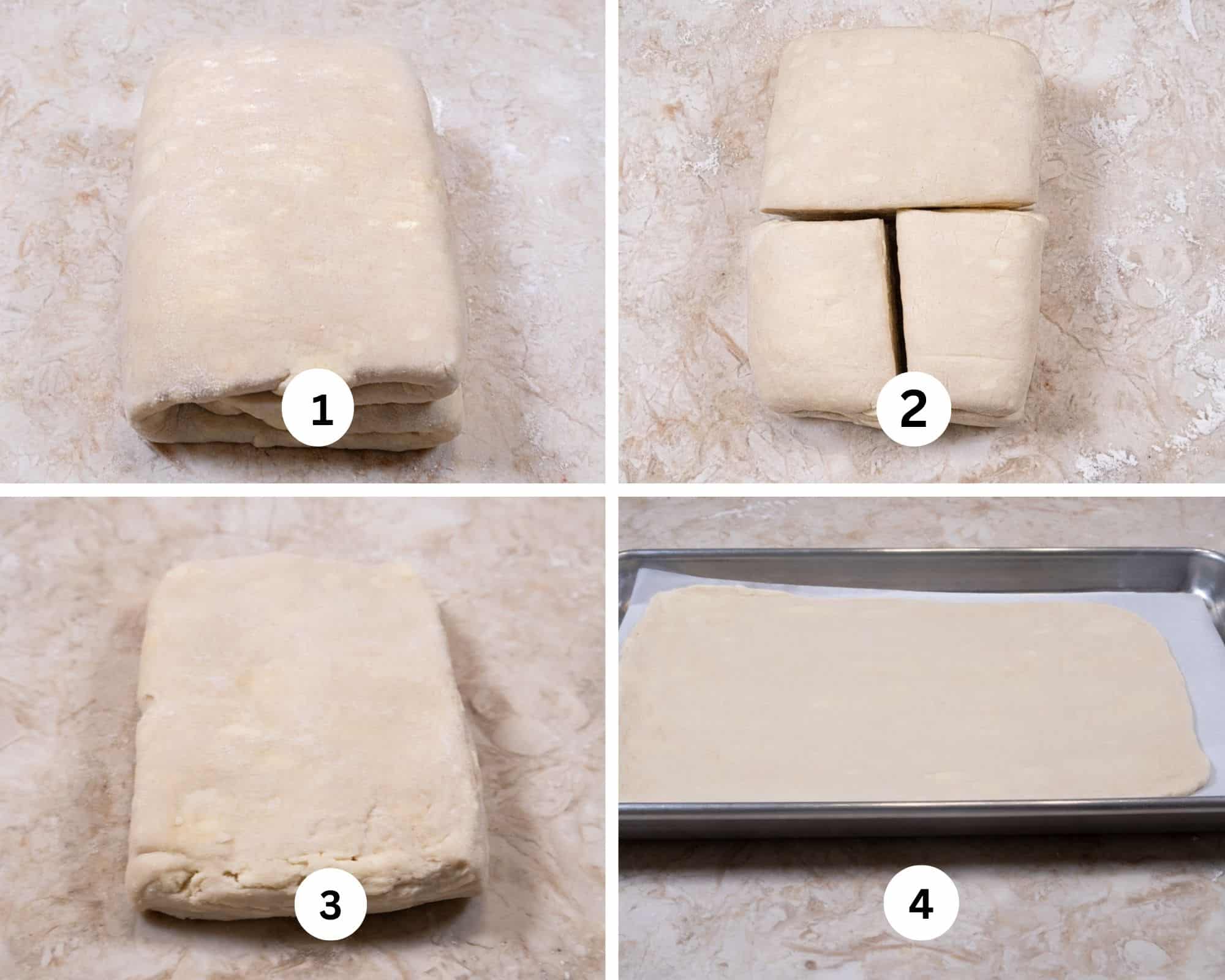 The first collage for shaping the croissants shows the finished dough, it cut in half and then half in half again, 1/4 of the dough, and then rolled out in placed in a sheetpan to chill.