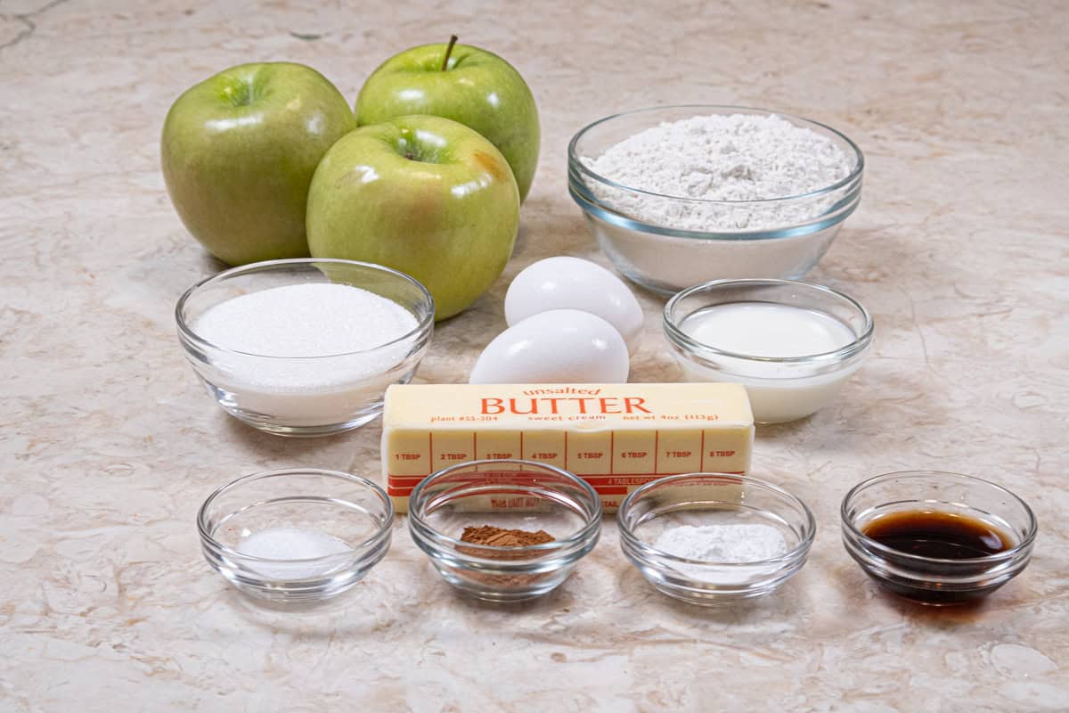 Ingredients for the Irish Apple Cake are baking powder, cinnamon, salt, vanilla, unsalted butter, granulated sugar, eggs, apples
and all-purpose flour.