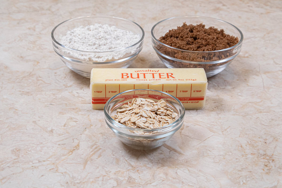 Ingredients for the streusel are all-purpose four, brown sugar, butter and oats