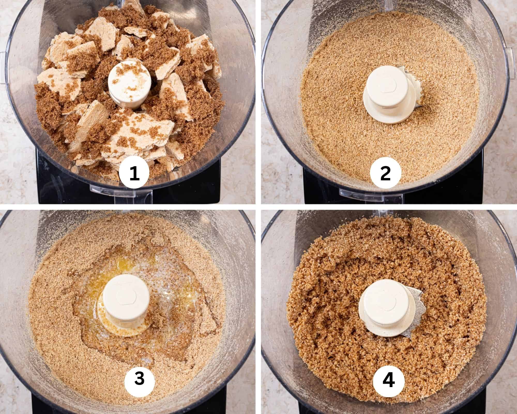 The first collage show the graham cracker crust being made with the crackers and brown sugar in the processor, processed, the butter added and the crumbs made. 
