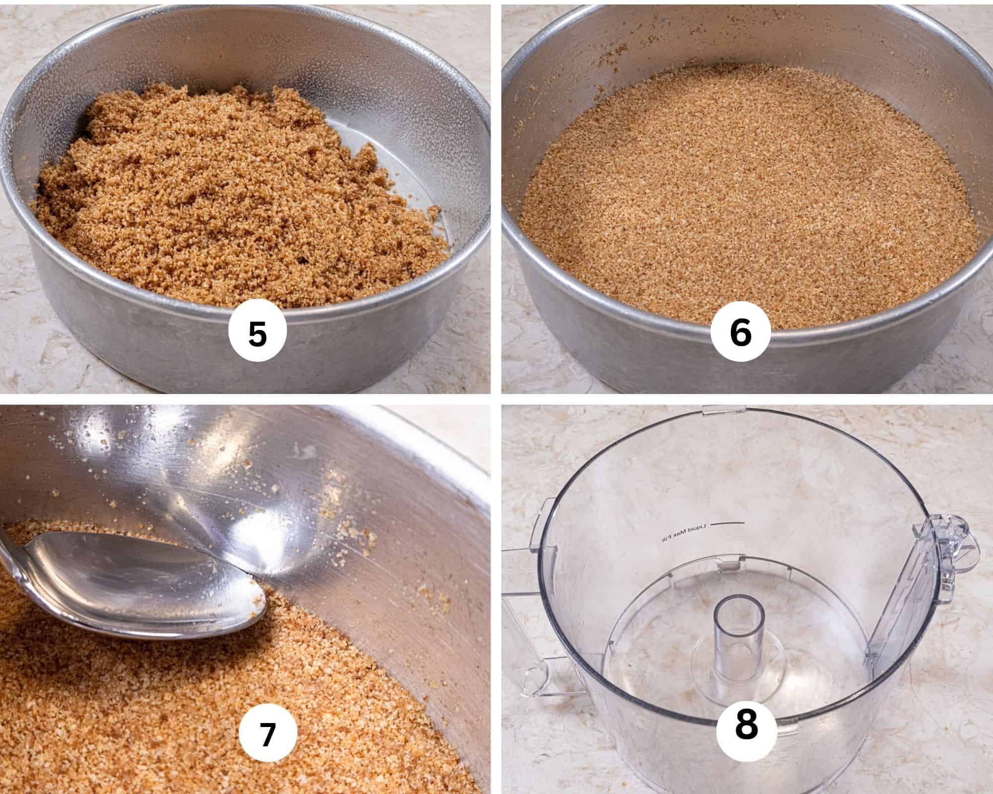This collage shows the crumbs in the pan, pressed into place, the edges being spooned and a wiped out processor bowl. 

