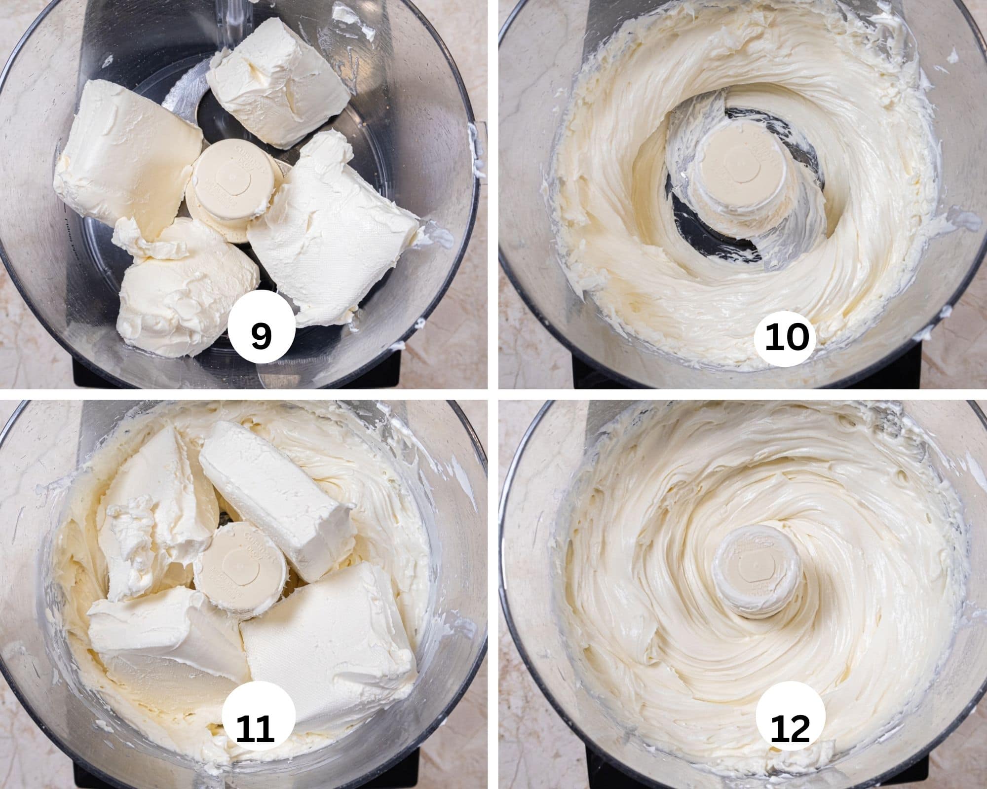 Place half of the cream cheese in the processor bowl, process until smooth, repeat with the other half. 