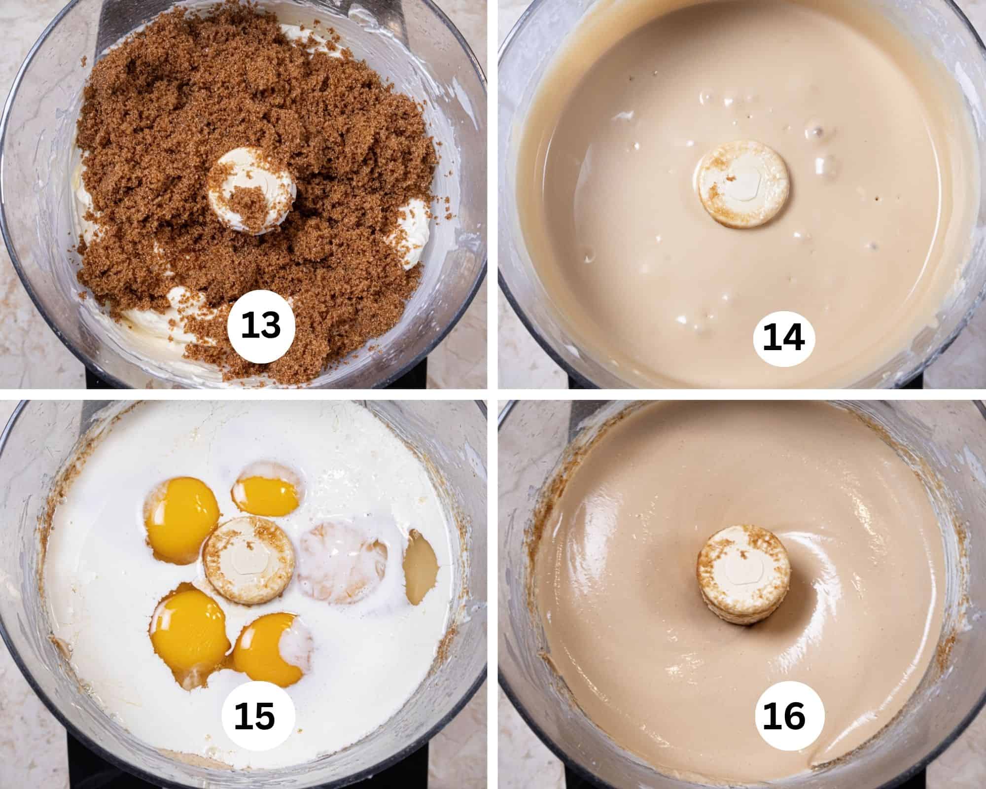 This collage shows the brown sugar being added and processed followed by the eggs and cream which are processed until smooth. 