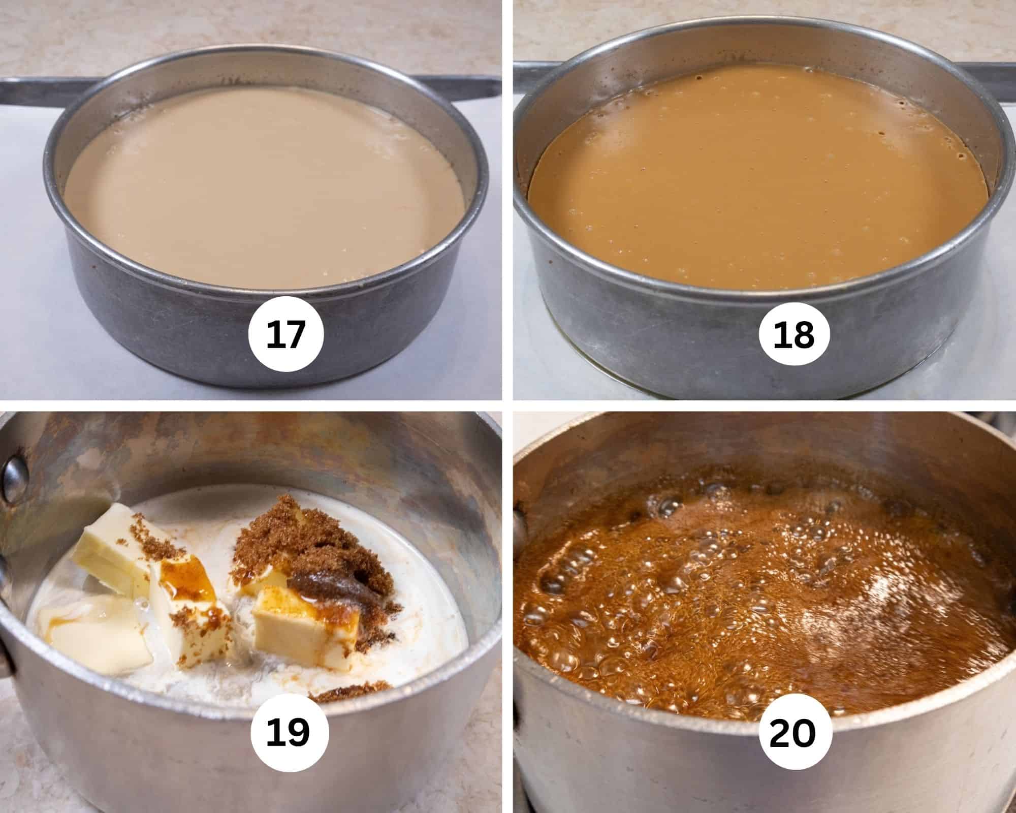 This collage shows the cheesecake poured into the pan, baked, the brown sugar, butter, water, maple syrup and cream in a small saucepan then brought to a boil,                                                