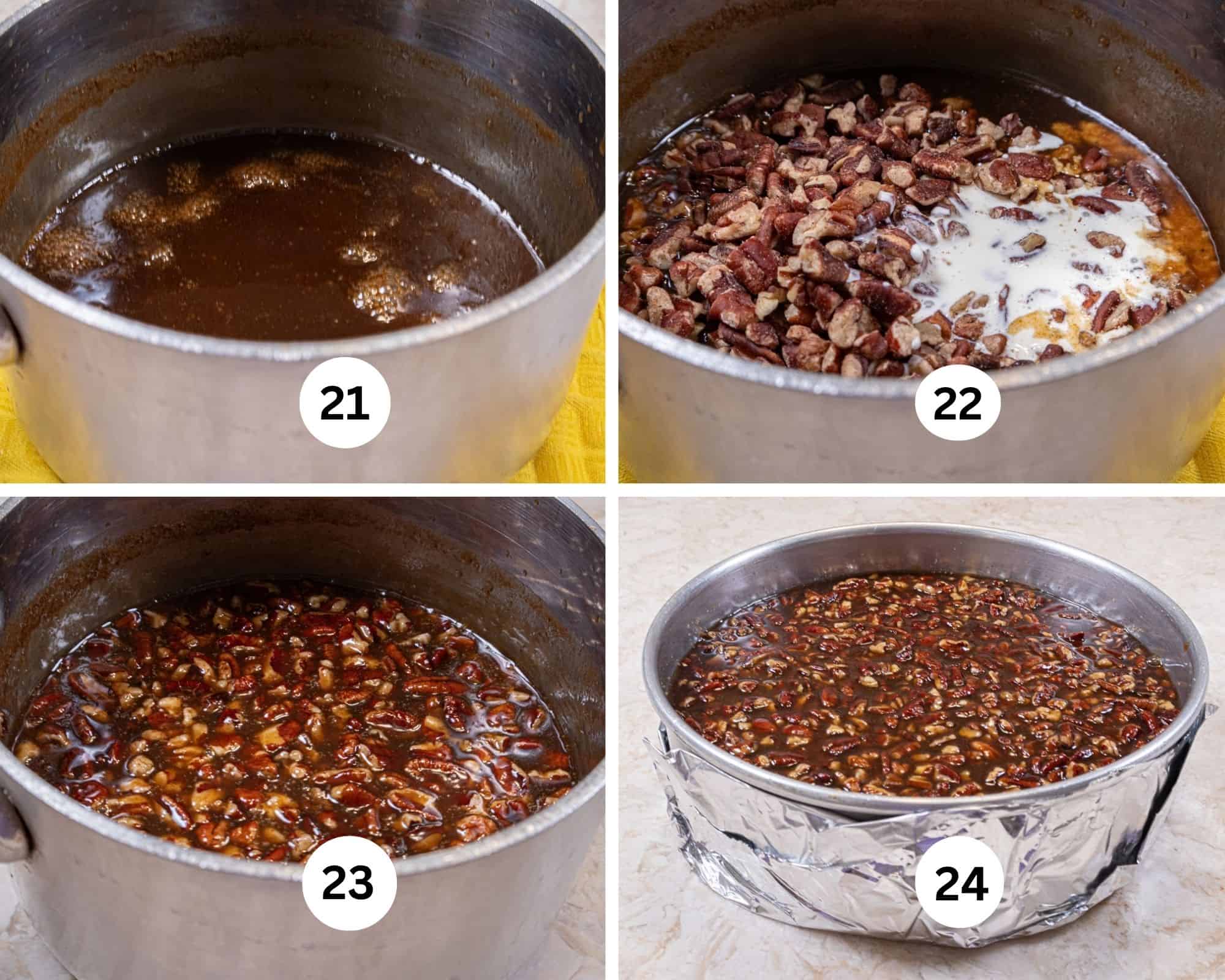 The last collage shows the syrup completely cooked, the cream and pecans stirred in and poured over the cheesecake. 