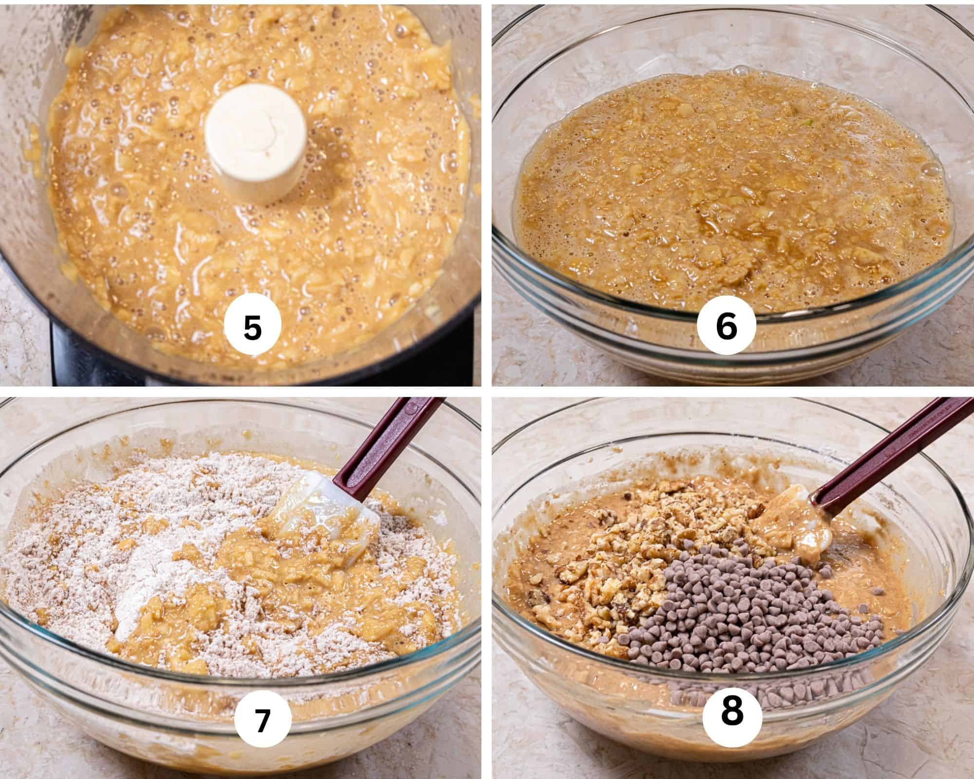 This collages shows the apples cut in, the contents of the processor moved to a bowl, the flour folded in and the walnuts and cinnamon chips added. 