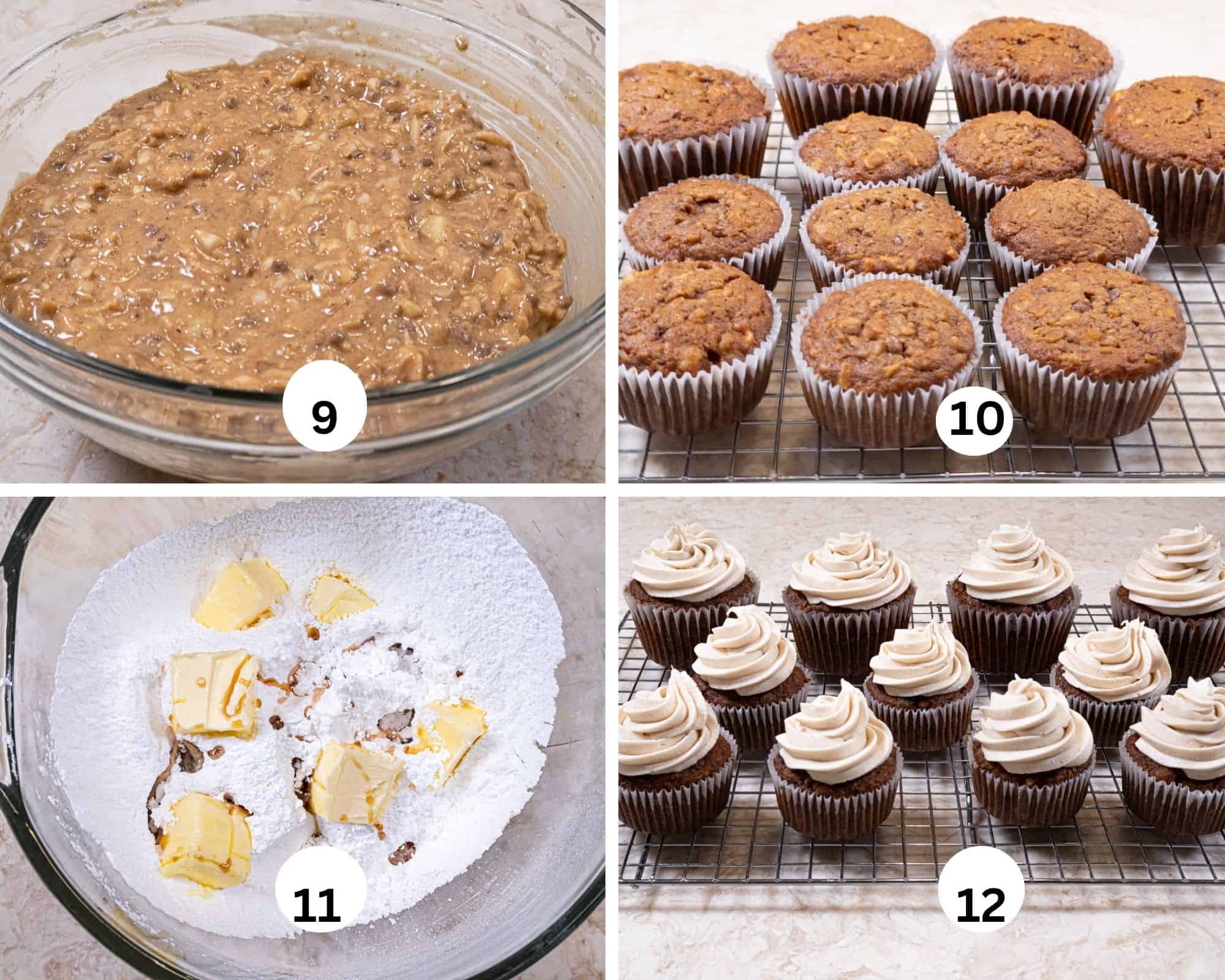 The last collage shows the finished batter the baked cupcakes, the frosting ingredients in the mixing bowl, and the frosted cupcakes on a cooling rack. 