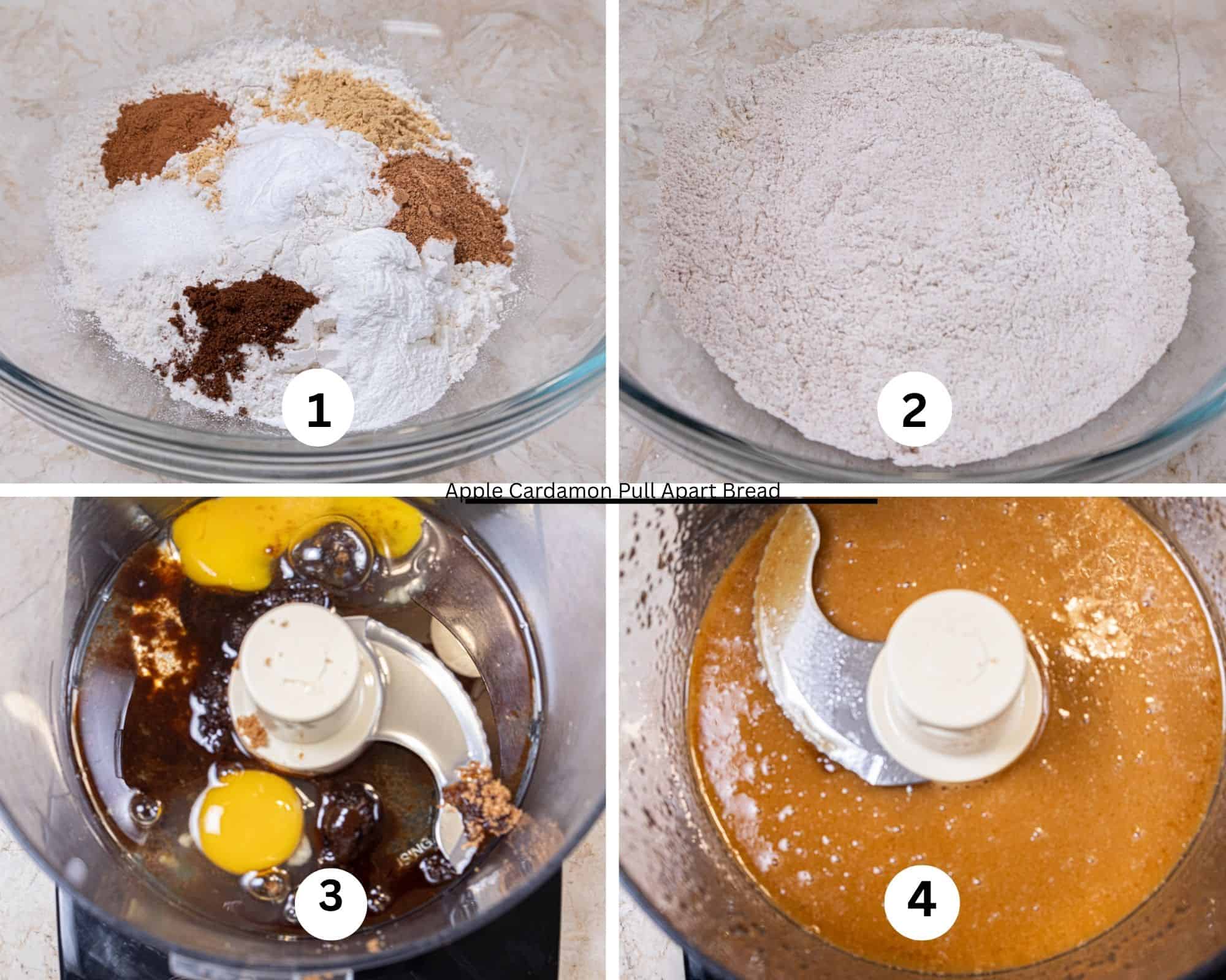 This first collages hows the flour and spices, salt, baking powder and baking soda in a bowl, whisked together, the eggs, brown sugar and oil added to the processor bowl, and processed. 